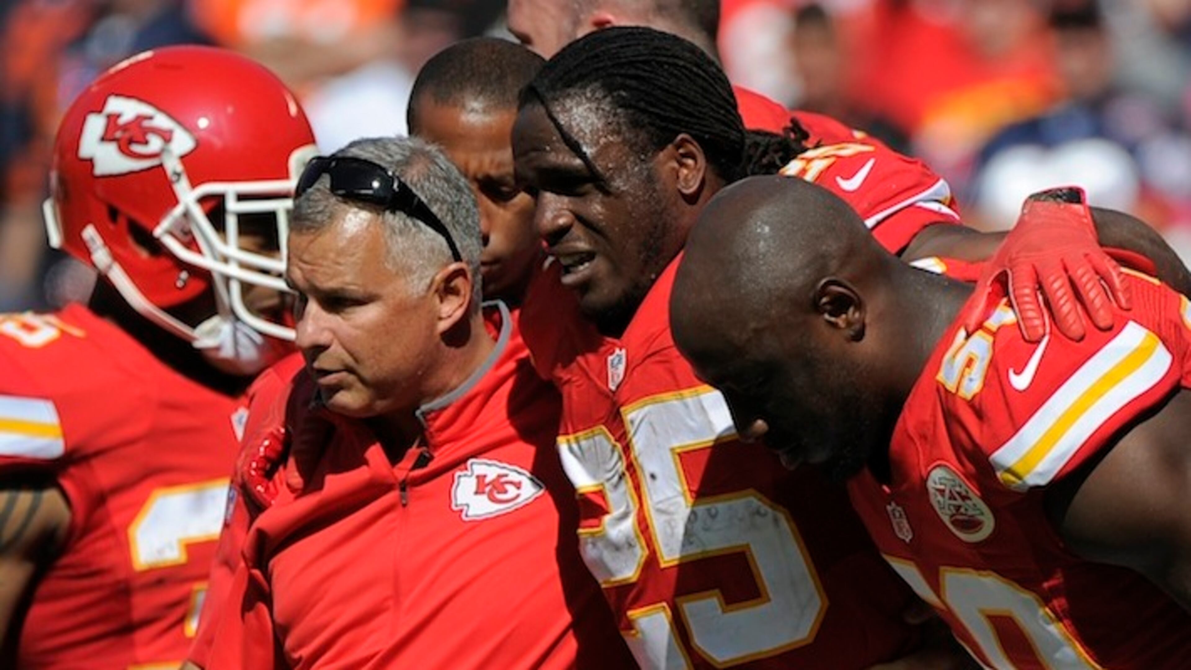 FILE - In this Oct. 11, 2015, file photo, Kansas City Chiefs running back Jamaal Charles (25) is helped off the field after an injury in the second half of an NFL football game against the Chicago Bears in Kansas City, Mo. For the second time in five seasons, one of the most dynamic players in the NFL tore the ACL in his knee. He was done for the year, and now faced the prospect of another round of grueling rehabilitation. (AP Photo/Ed Zurga, File)