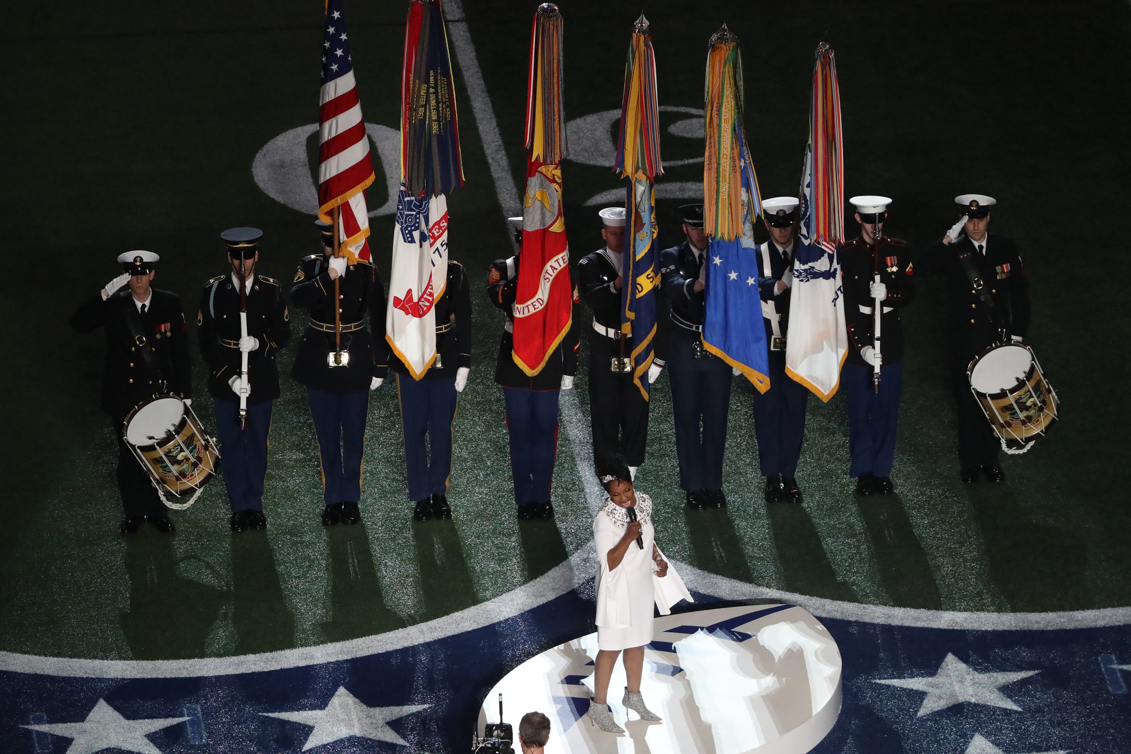 2/3/19 - Atlanta - Gladys Knight sings the national anthem before the New England Patriots play the Los Angeles Rams in Super Bowl LIII on Sunday, February 3, 2019 at Mercedes-Benz Stadium in Atlanta, Ga. 
 (ALYSSA POINTER/ALYSSA.POINTER@AJC.COM)