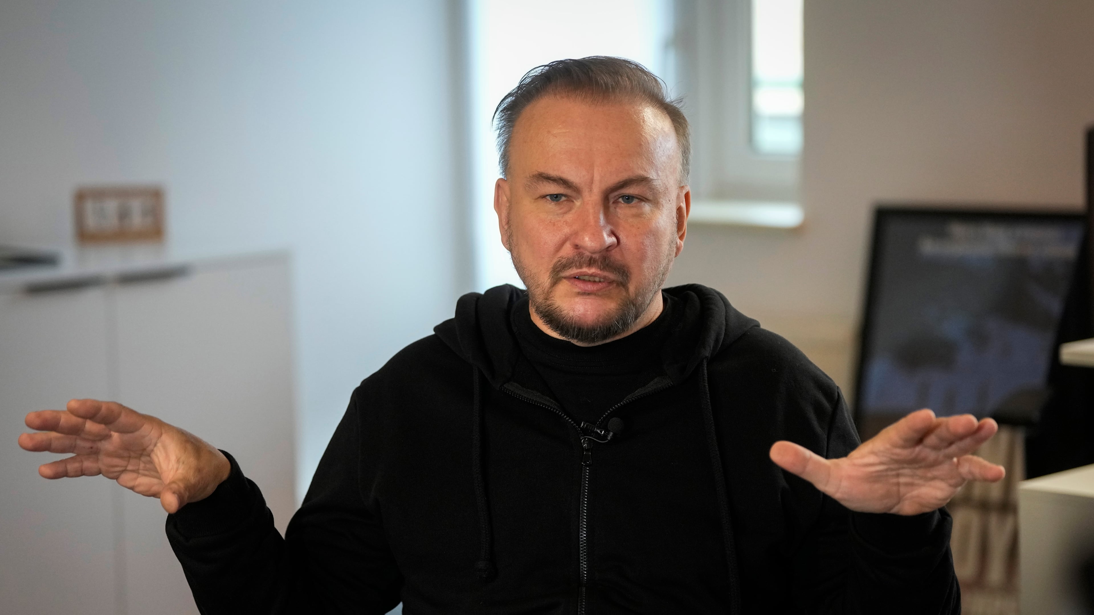 Serhii Beskrestnov, also known as "Flash", an adviser to Ukraine's President Volodymyr Zelenskyy speaks during an interview in Kyiv, Ukraine, Friday 16, 2026. (AP Photo/Efrem Lukatsky)