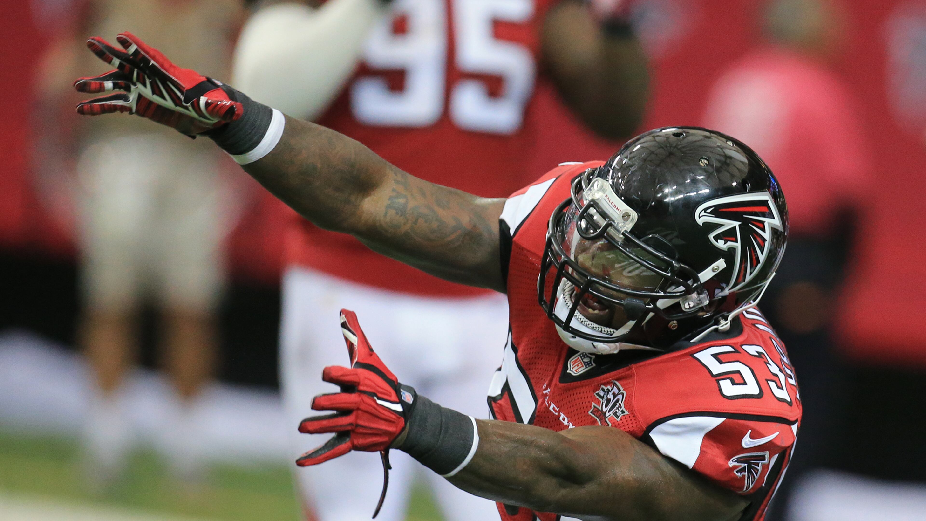 Falcons linebacker Allen Bradford celebrates a defensive stop against the Texans during the second half in a football game on Sunday, Oct. 4, 2015, in Atlanta. The Falcons beat the Texans 48-21.