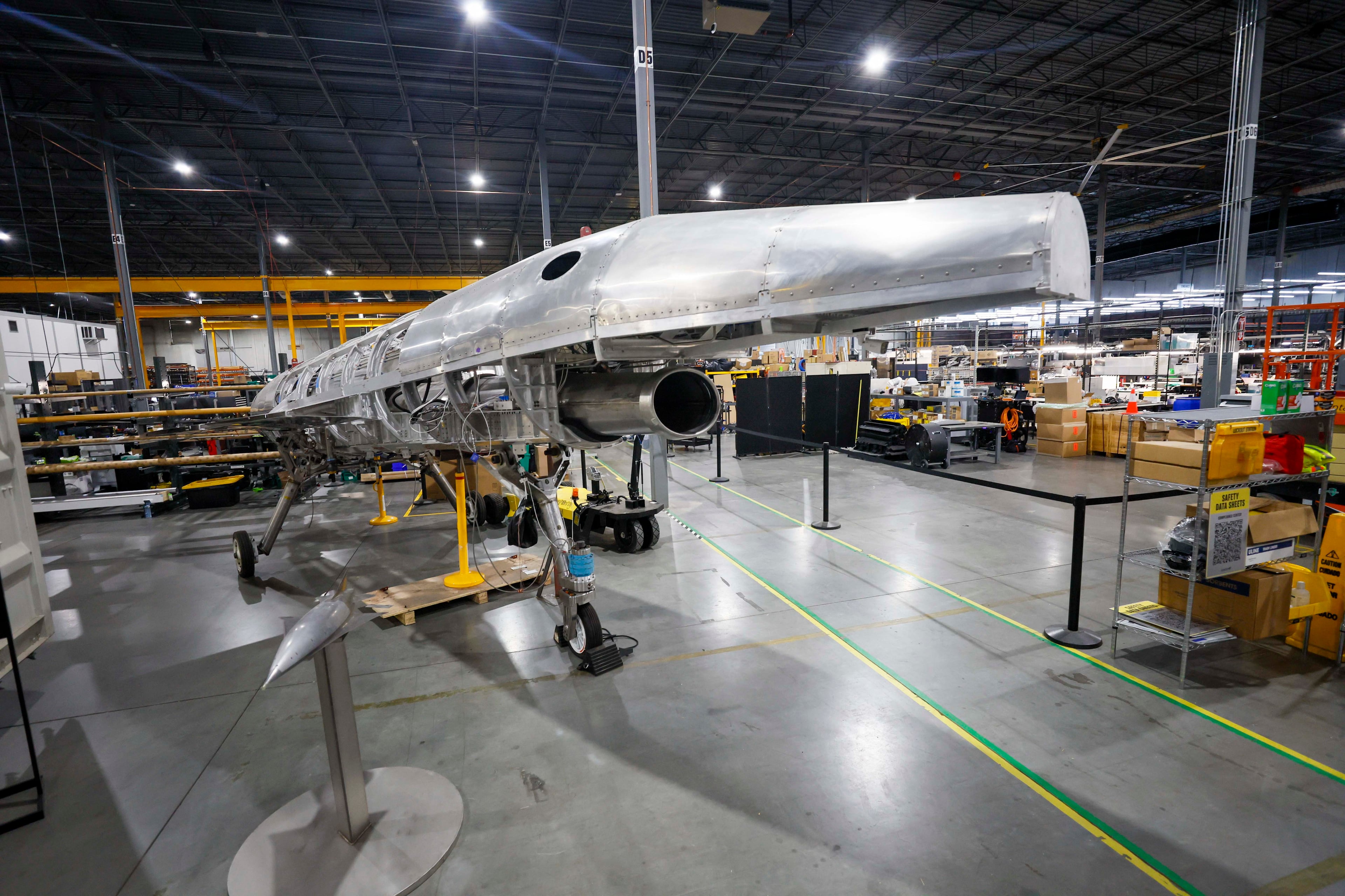 A fuselage of the Quarterhorse Mk 1 is on display at the Hermeus facility in Doraville on Tuesday, May 12, 2026. The Quarterhorse Mk 1 is an uncrewed, remotely piloted aircraft whose test flight was conducted in May 2025. (Miguel Martinez/AJC)