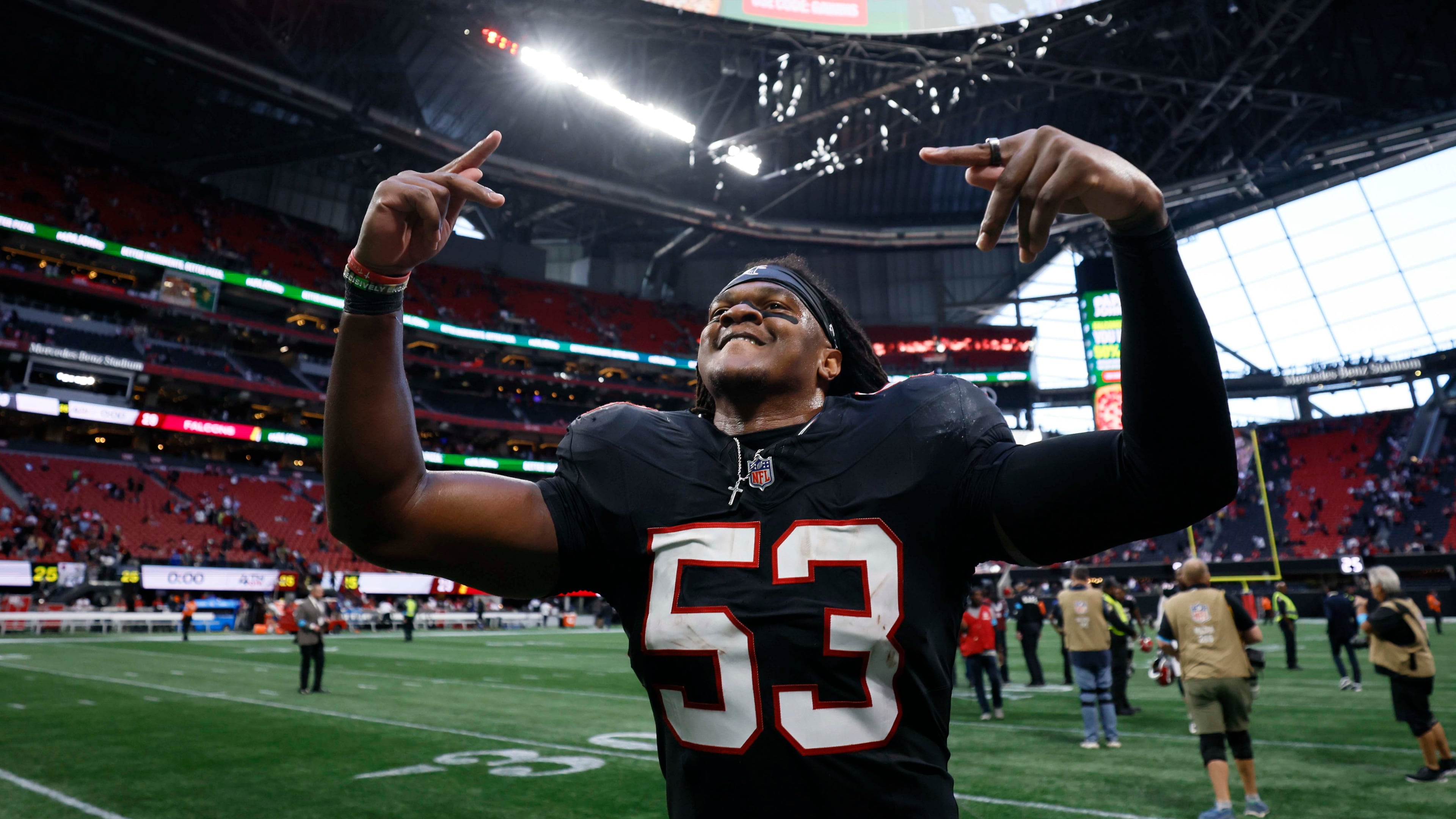Atlanta Falcons linebacker Kendal Daniels reacts as he leaves the field after his team’s 29-20 win over the San Francisco 49ers at Mercedes-Benz Stadium in Atlanta on Sunday, Oct. 25, 2026. (Miguel Martinez/AJC)
