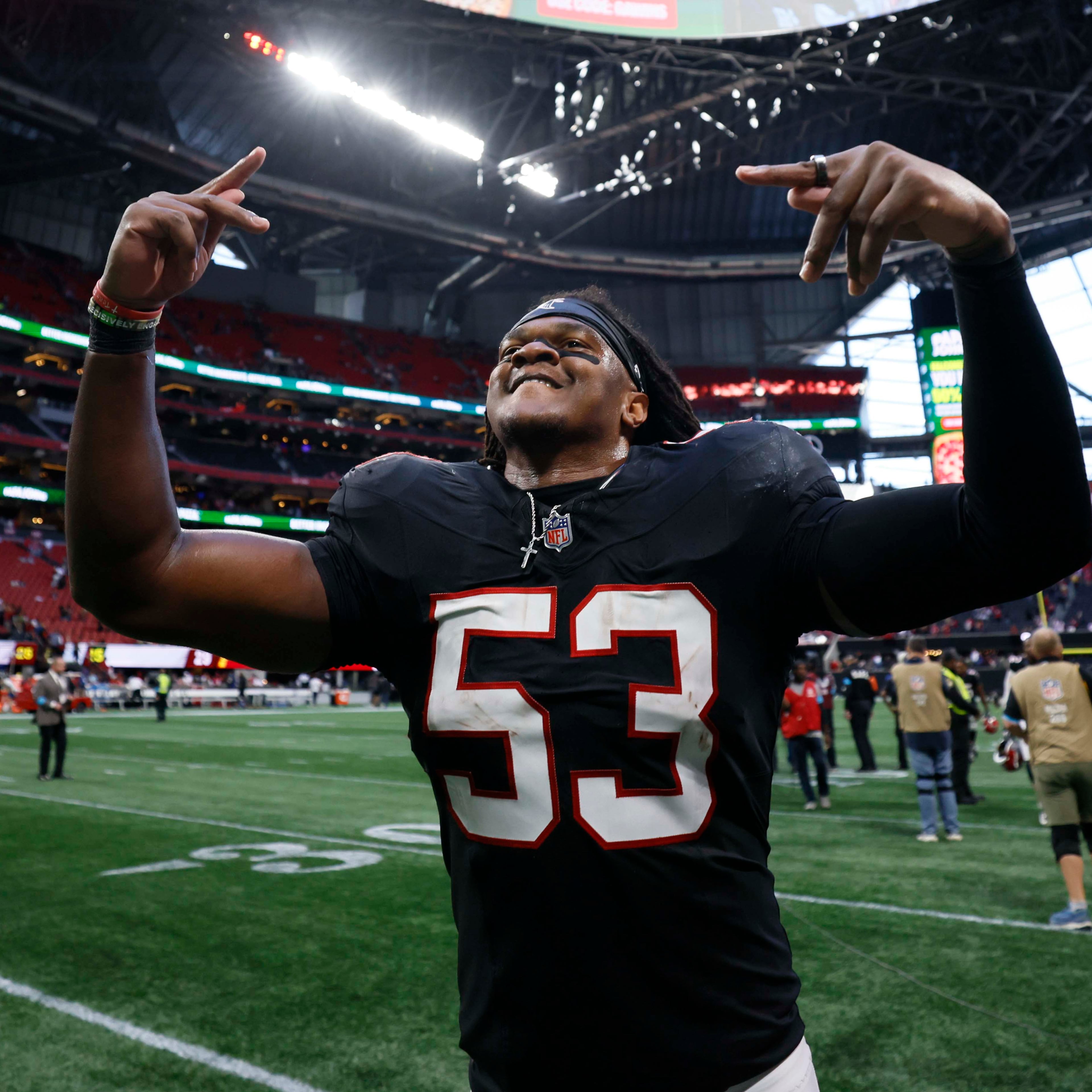 Atlanta Falcons linebacker Kendal Daniels reacts as he leaves the field after his team’s 29-20 win over the San Francisco 49ers at Mercedes-Benz Stadium in Atlanta on Sunday, Oct. 25, 2026. (Miguel Martinez/AJC)