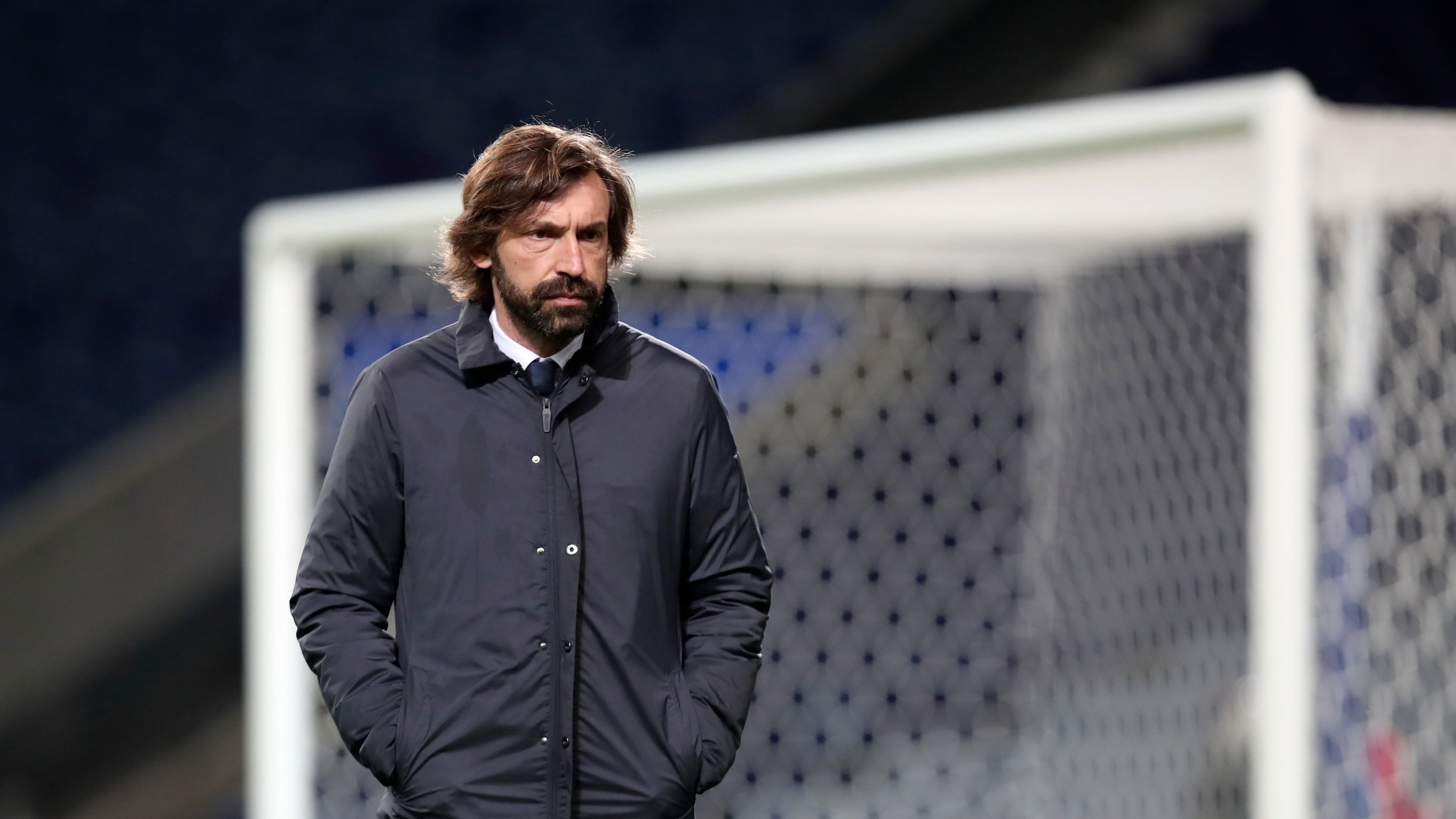 FILE - Juventus' head coach Andrea Pirlo stands on the pitch during warmup before the Champions League round of 16, first leg, soccer match between FC Porto and Juventus in Porto, Portugal, on Feb. 17, 2021. (AP Photo/Luis Vieira, File)