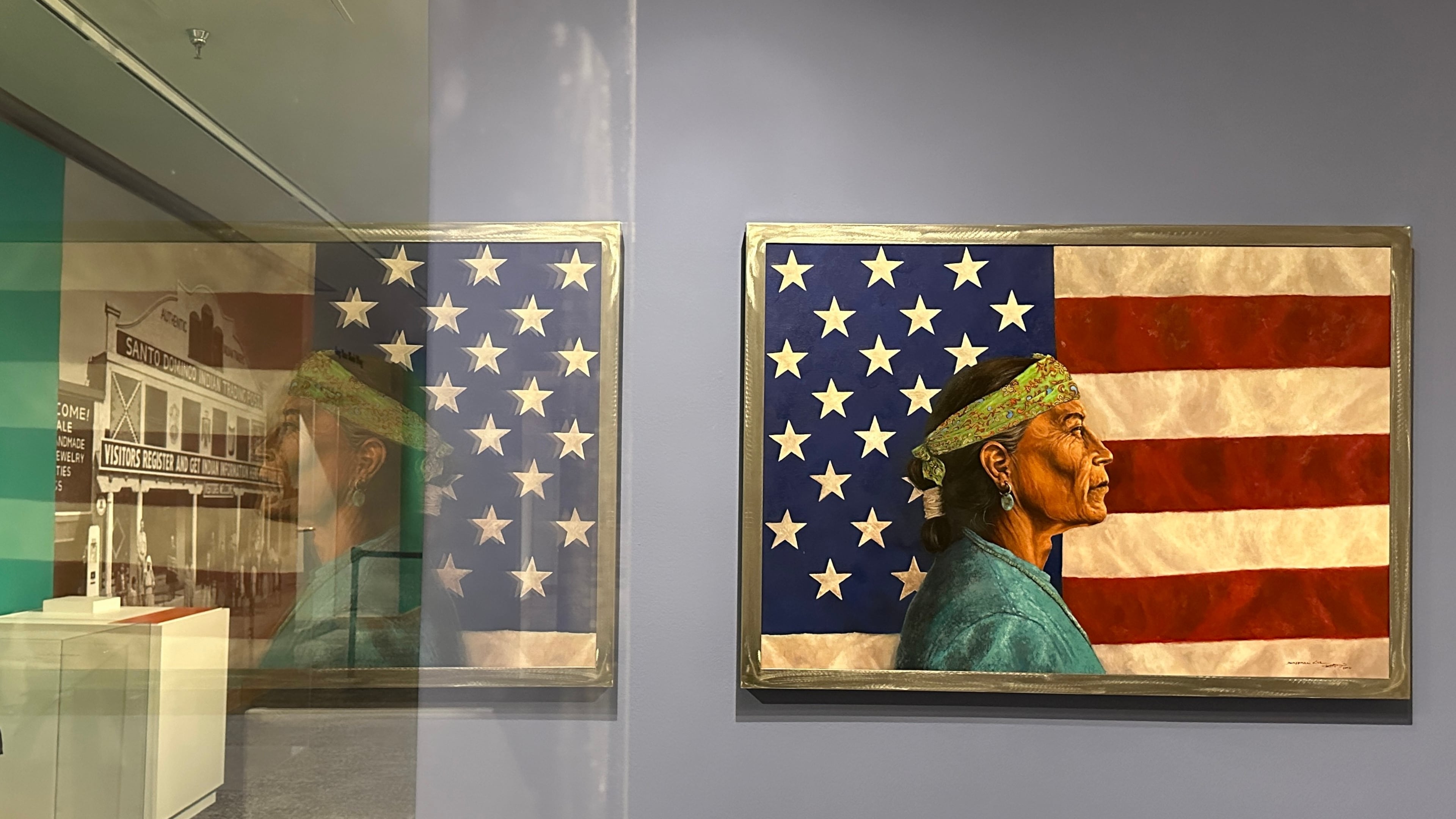 A painting by Navajo artist Kee Yazzie is displayed as part of the "Stars, Stripes and First Americans" exhibition at the Museum of Indian Arts and Culture in Santa Fe, N.M., on Monday, May 11, 2026. (AP Photo/Susan Montoya Bryan)