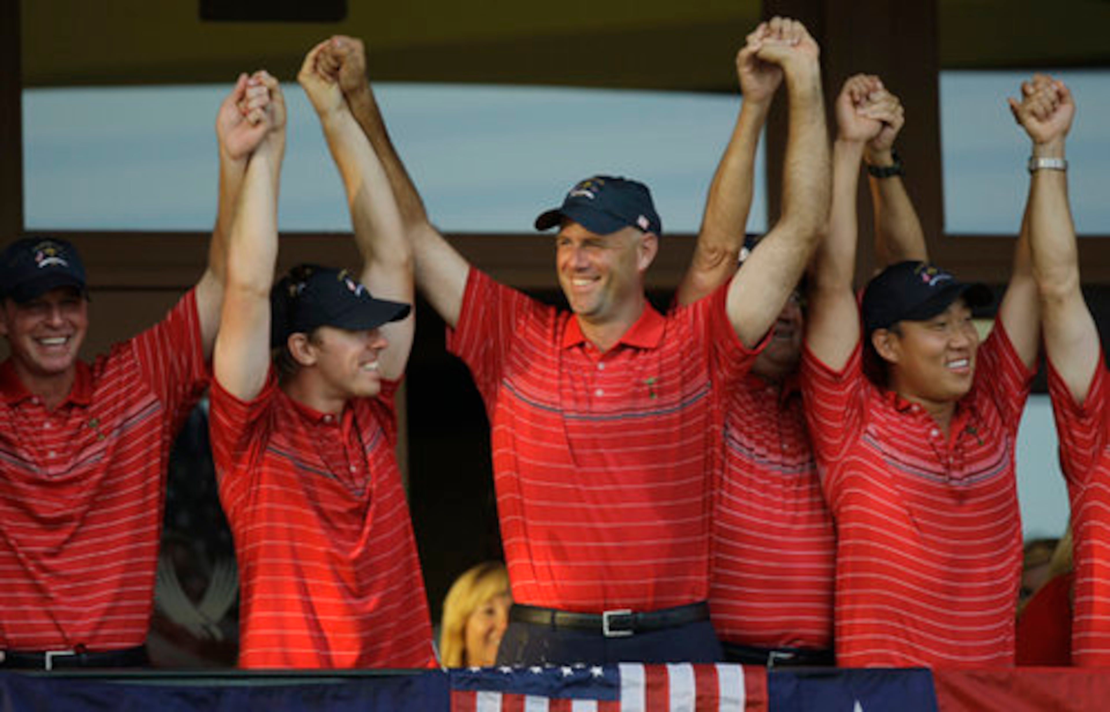 Stewart Cink (center) celebrates with teammates winning the Ryder Cup golf tournament at the Valhalla Golf Club, in Louisville, Ky., last year. Cink has been a part of four Ryder Cup teams.