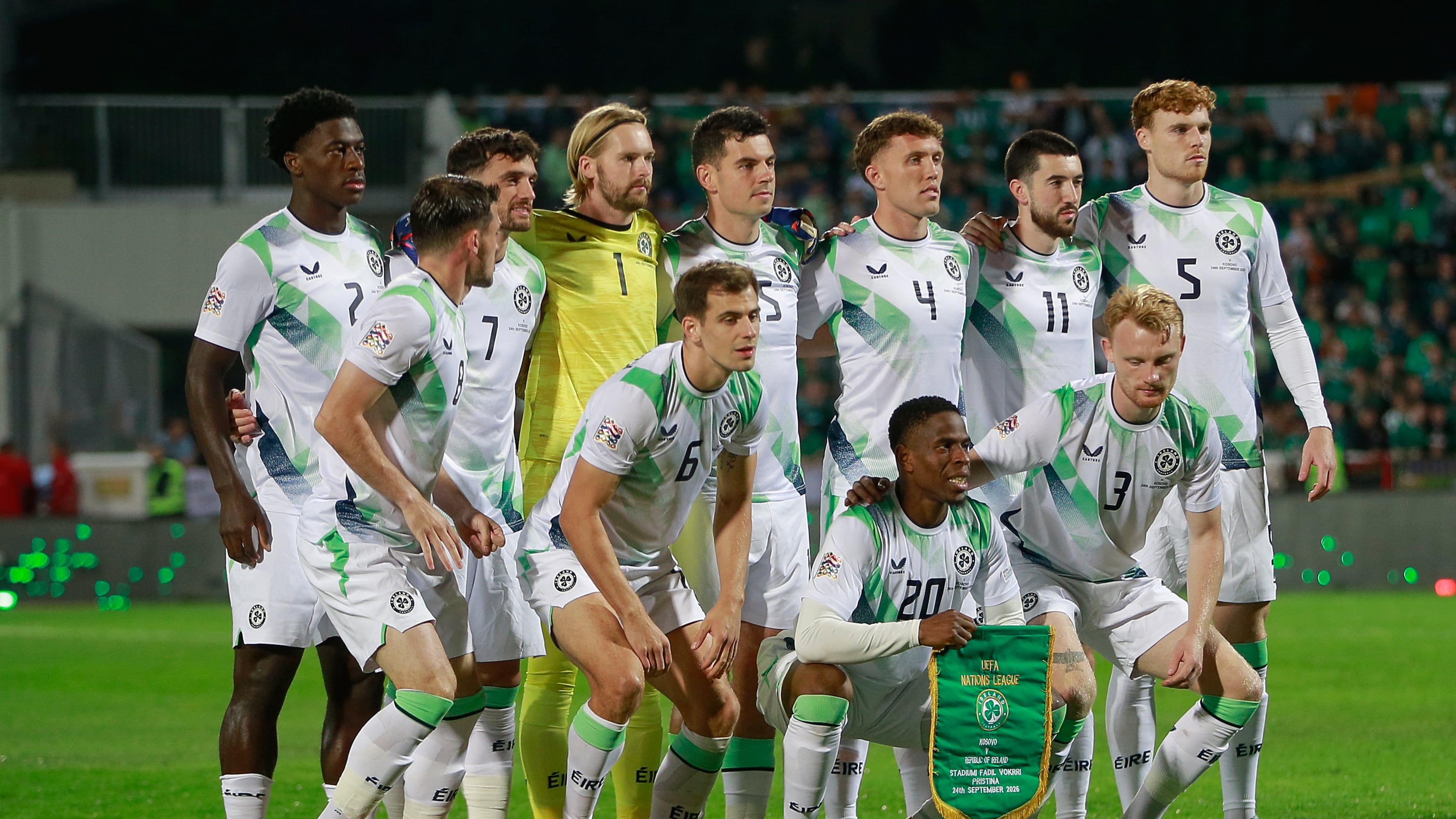 Ireland's players pose for the team picture before the UEFA Nations League soccer match between Kosovo and Ireland in Pristina, Kosovo, Thursday, Sept. 24, 2026. (AP Photo/Visar Kryeziu)
