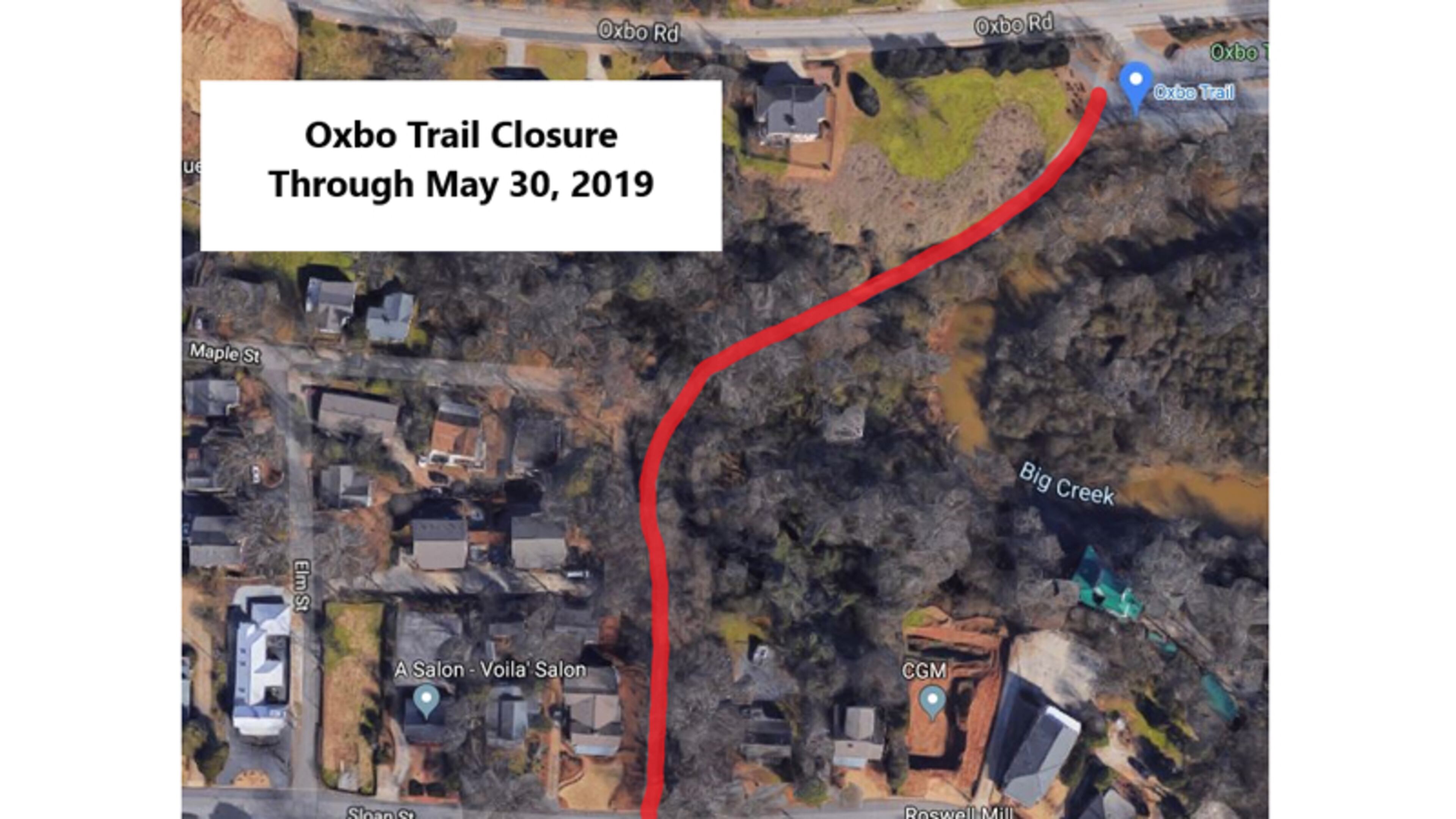 Map depicts the section of the Oxbo Trail in historic Roswell that will be closed into the month of May. CITY OF ROSWELL