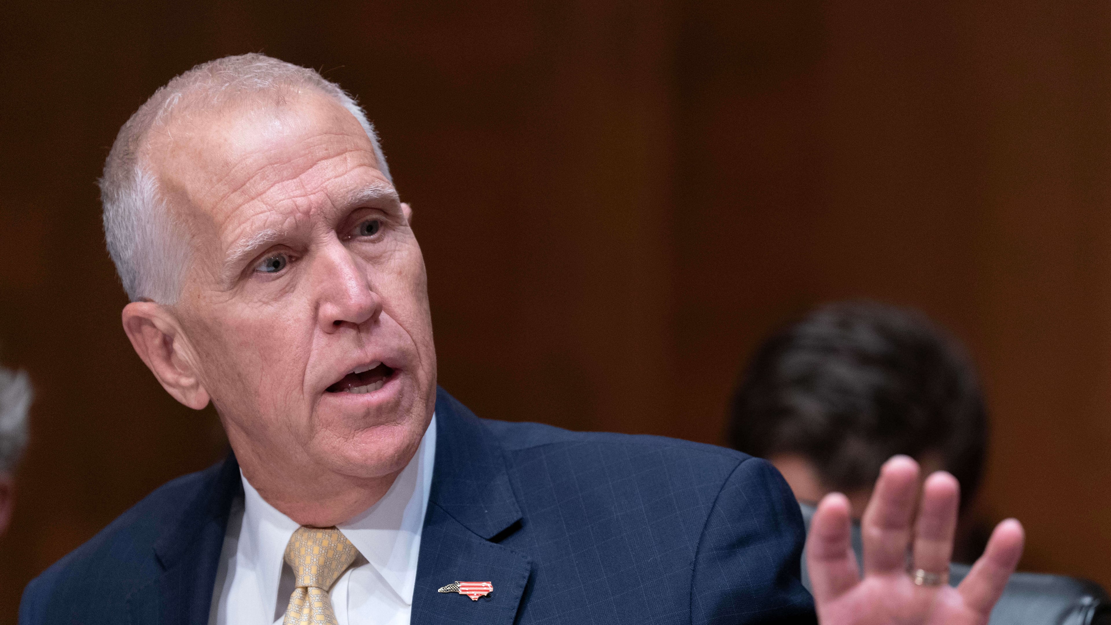 Sen. Thom Tillis, R-N.C., speaks during the confirmation hearing of Kevin Warsh, nominee for Federal Reserve chair, on Capitol Hill, in Washington Tuesday, April 21, 2026. (AP Photo/Jose Luis Magana)