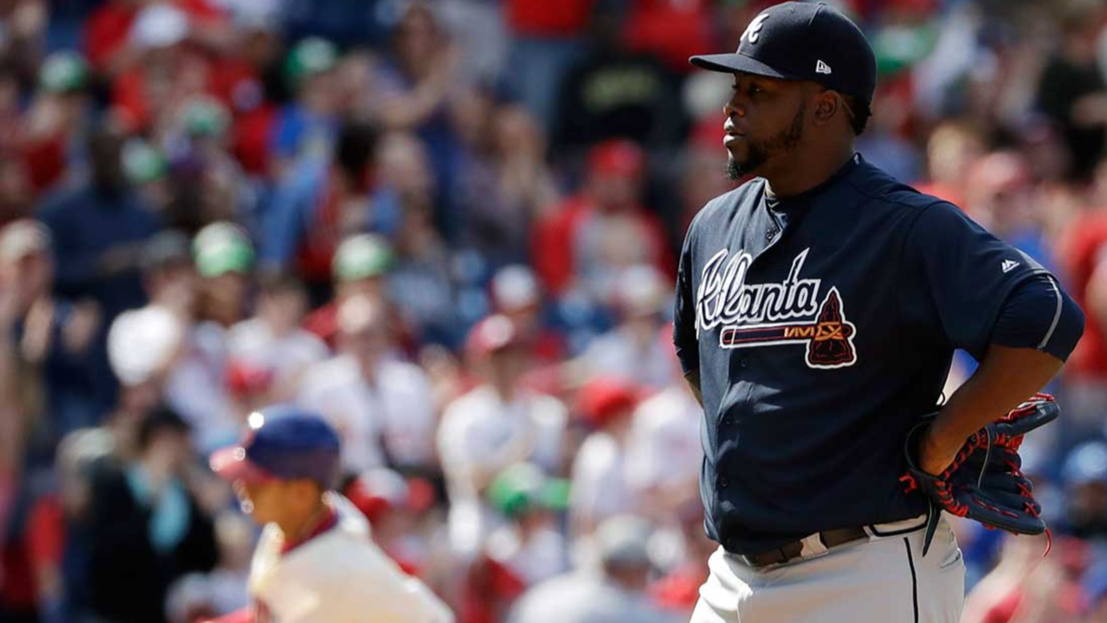 Braves relief pitcher Arodys Vizcaino reacts after giving up a two-run homer to Cesar Hernandez in a loss to the Phillies. Vizcaino has been out since before the All-Star break.