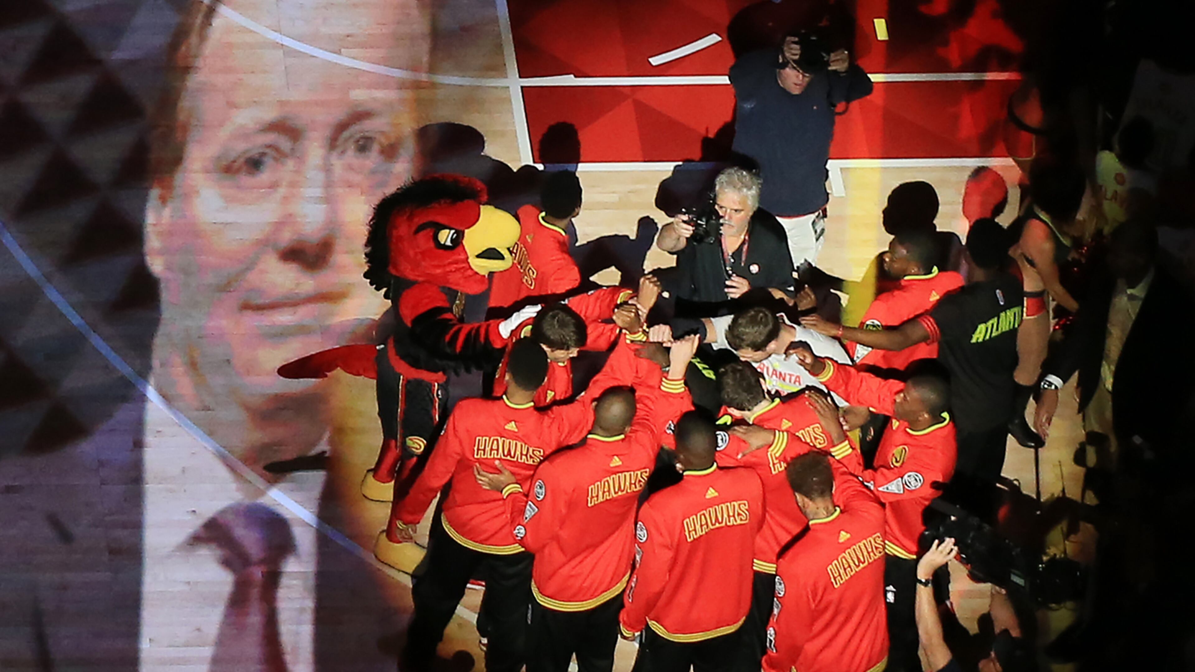 102715 ATLANTA: -- The spot light is on the Hawks as they take the floor for their first regular season basketball game "home opener" against the Pistons on Tuesday, Oct. 27, 2015, in Atlanta. Curtis Compton / ccompton@ajc.com