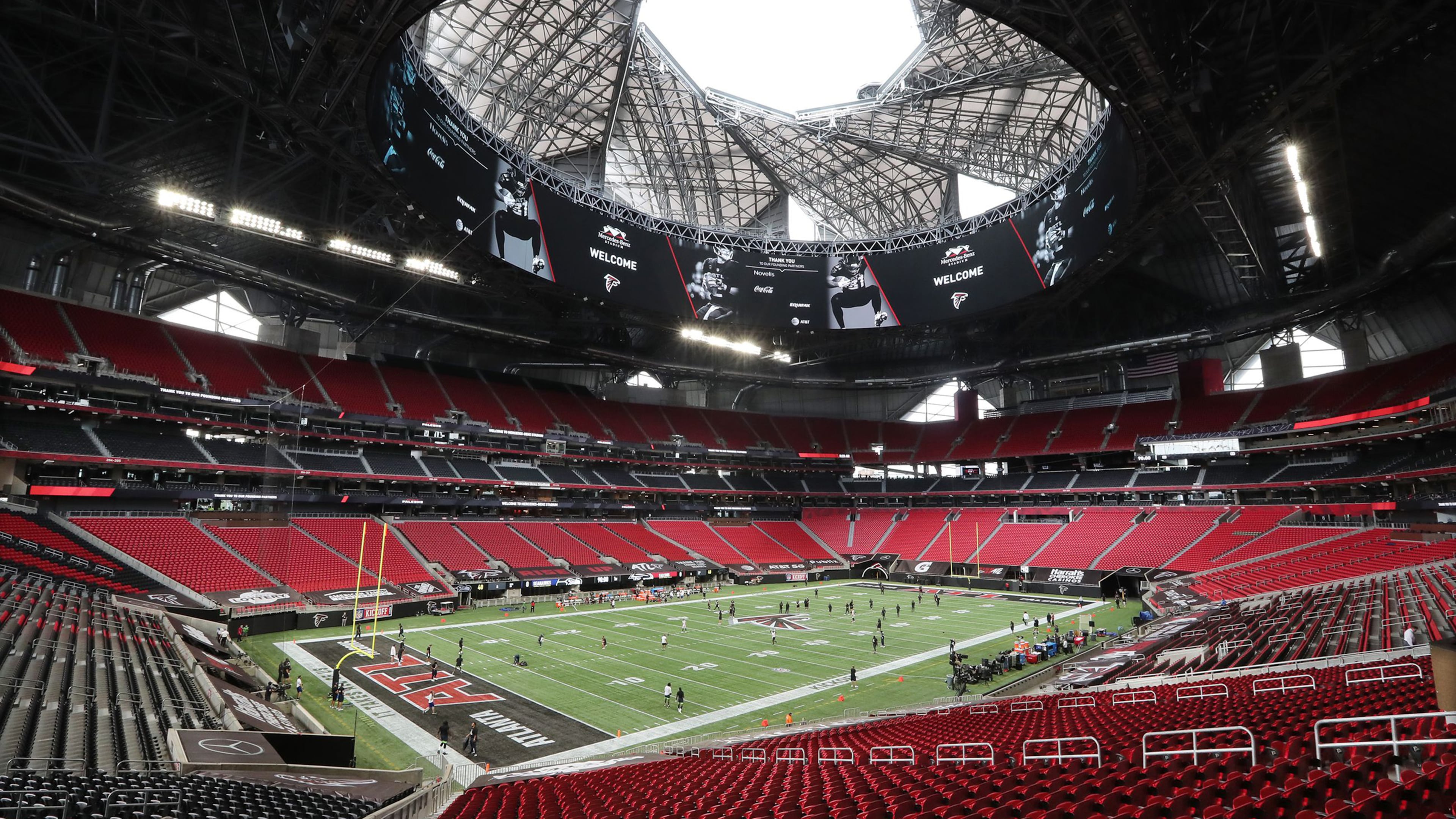 Mercedes-Benz Stadium is empty of fans but the Atlanta Falcons opened the roof as they prepared to play the Seattle Seahawks on Sunday, Sept. 13, 2020, in Atlanta. (Curtis Compton/AJC)
