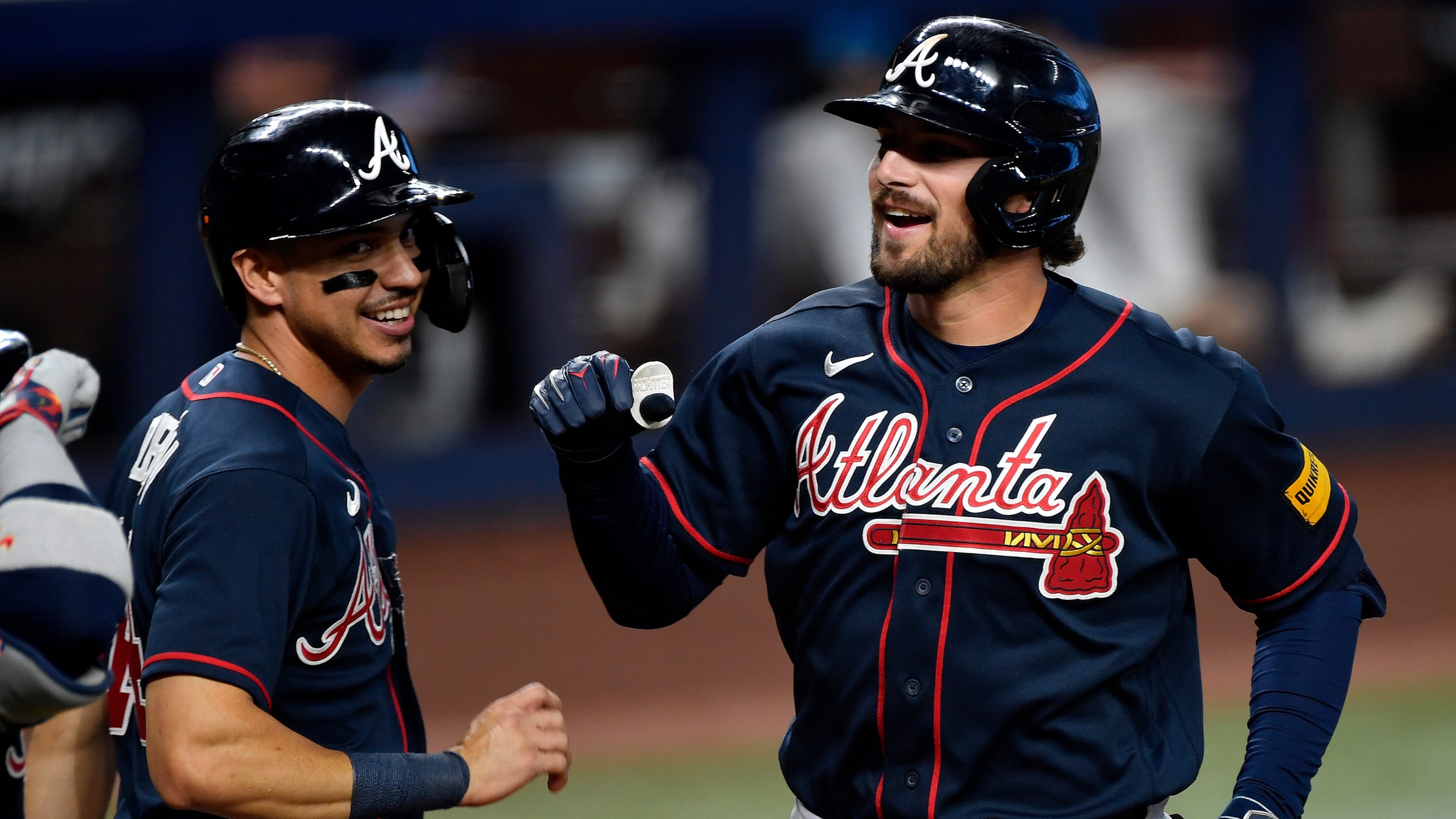 Atlanta Braves' Austin Riley, right, celebrates hitting a home run during the second inning of a baseball game, Wednesday, May 20, 2026, in Miami. (Michael Laughlin/AP)