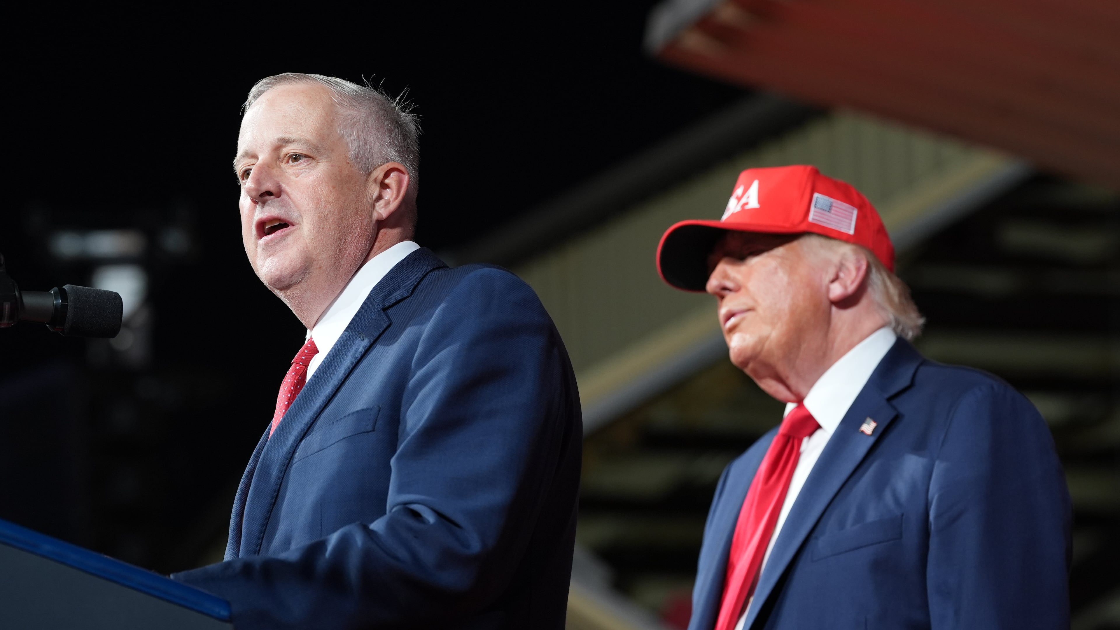 President Donald Trump listens as North Carolina Republican U.S. Senate candidate Michael Whatley speaks during a rally at Gastonia Municipal Airport, Wednesday, Sept. 16, 2026, in Gastonia, N.C. (AP Photo/Alex Brandon)