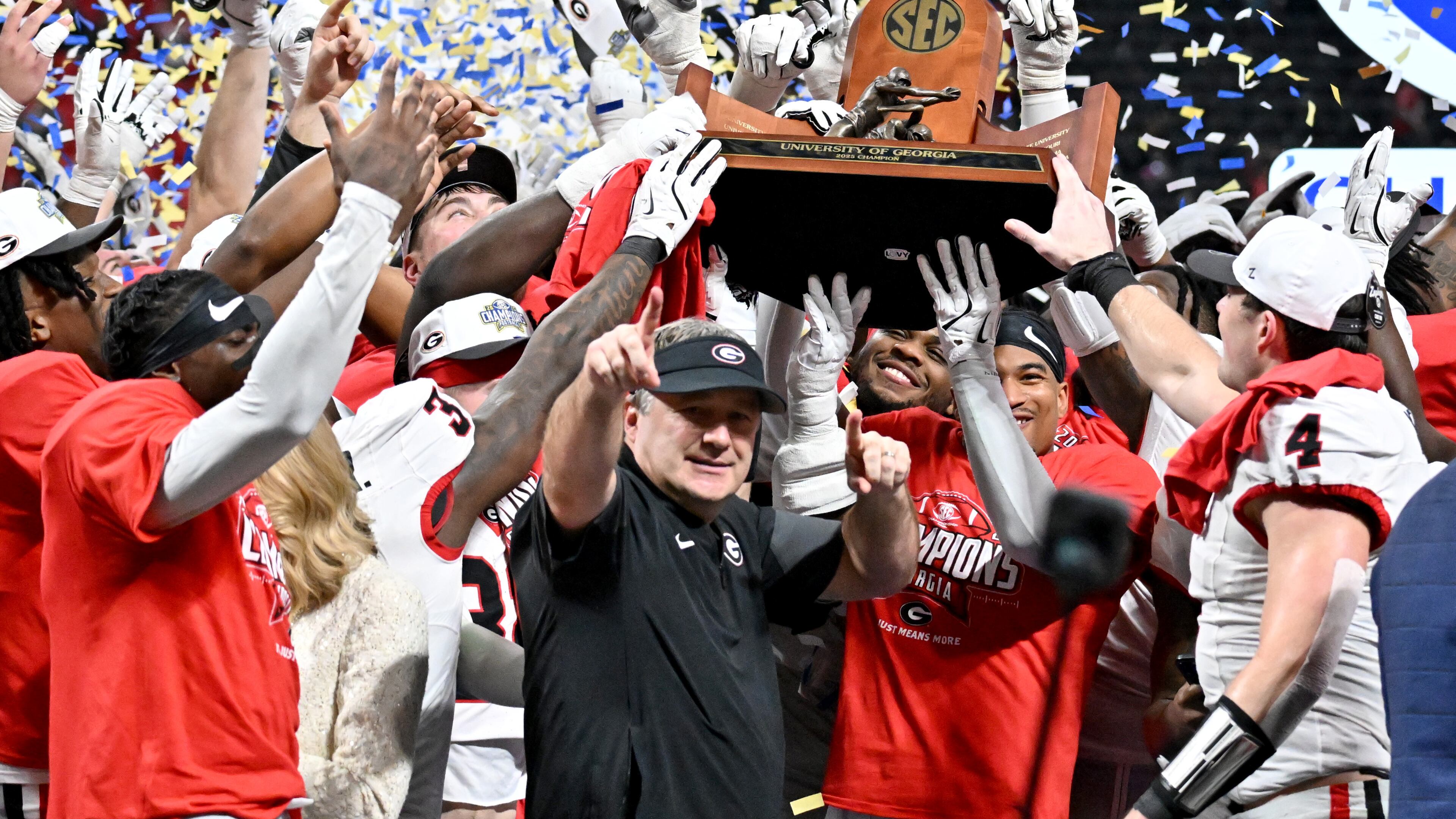 Georgia coach Kirby Smart — pictured celebrating after the Bulldogs won the SEC championship game in December — has had 84 players selected in his 10 years as UGA''s coach. (Hyosub Shin/AJC 2025)
