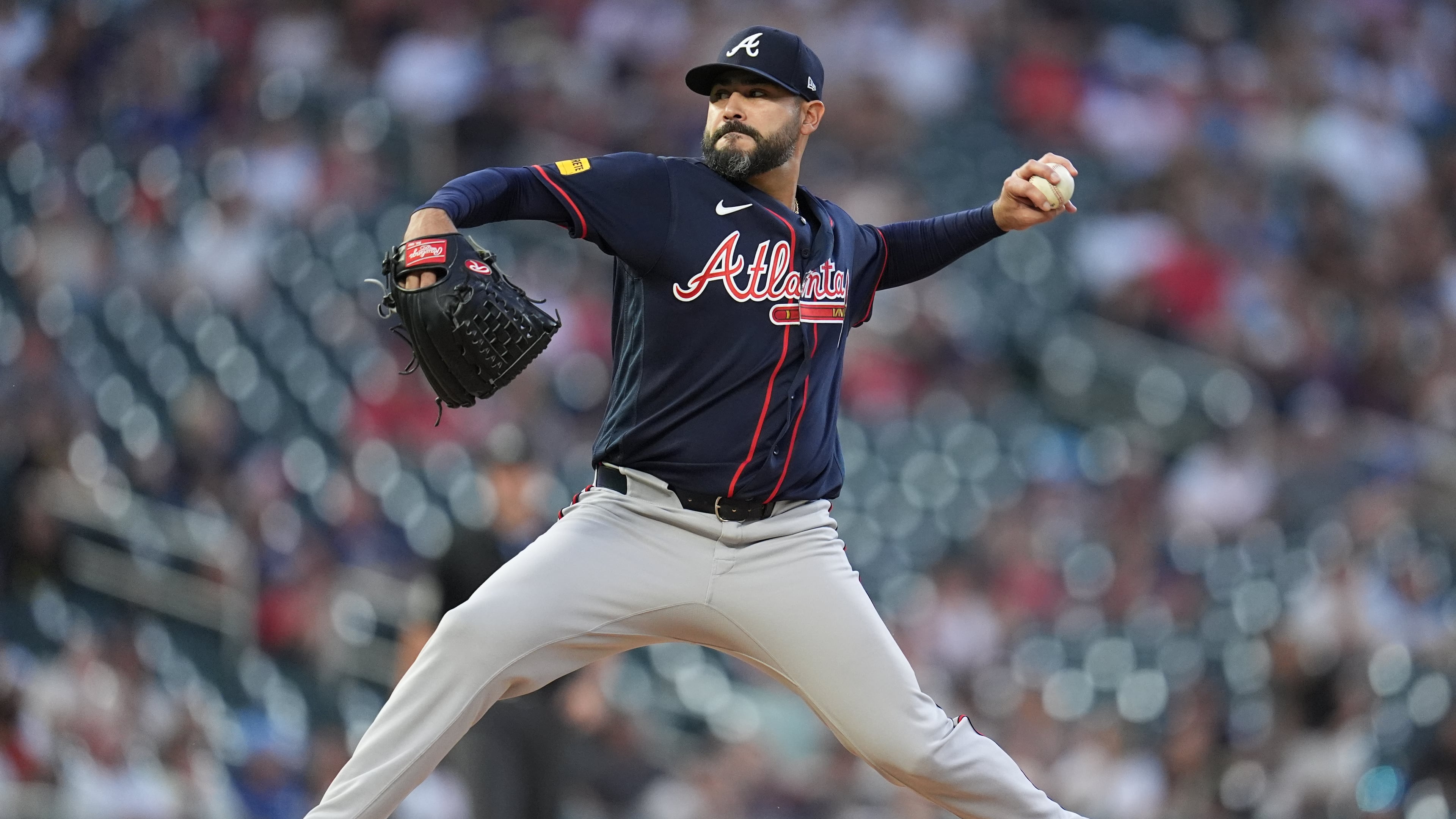 Atlanta Braves starting pitcher Martin Perez delivers during the first inning of a baseball game against the Minnesota Twins, Monday, Aug. 17, 2026, in Minneapolis. (Abbie Parr/AP)