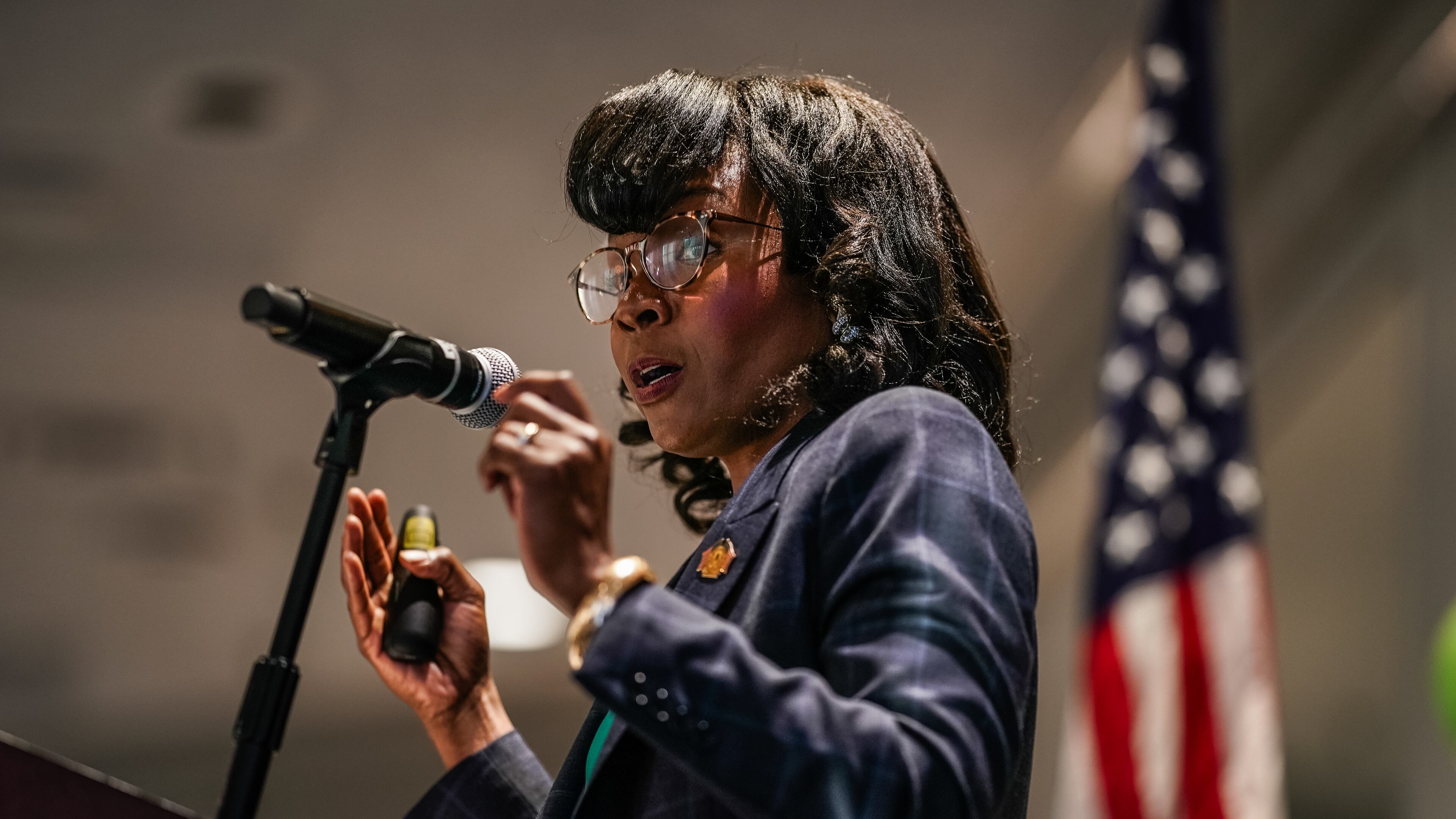 Lisa Cupid, Chairwoman of the Cobb County Board of Commissioners, delivers the Cobb County State of the County address at the Cobb Galleria Center on Thursday, May 16, 2024, in Atlanta. (Elijah Nouvelage for The Atlanta Journal-Constitution)