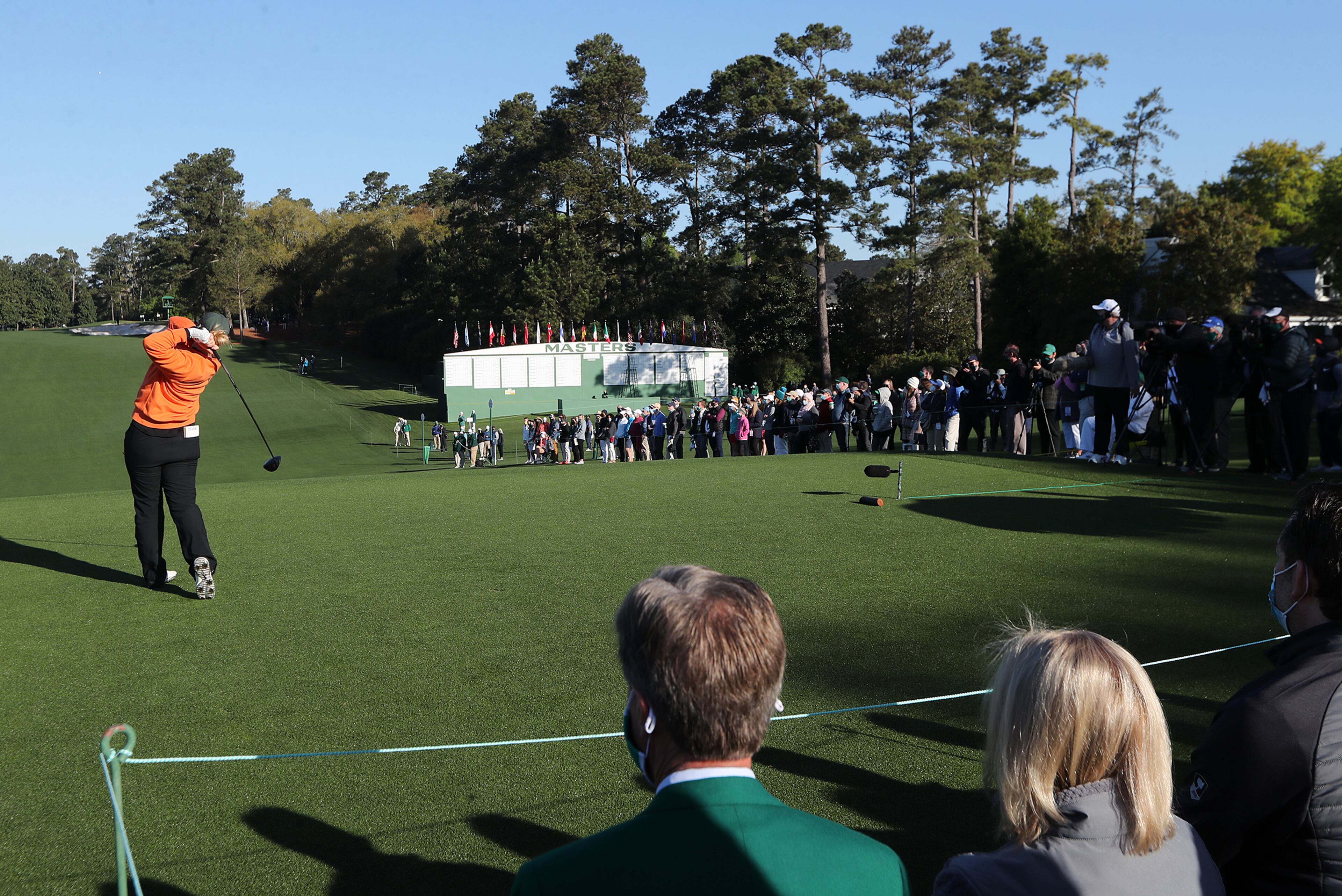 A limited number of fans return lining the first fairway at Augusta National Golf Club to watch Maja Stark tee off on the first hole during the Augusta National Women’s Amateur final round on Saturday, April 3, 2021, in Augusta. “Curtis Compton / Curtis.Compton@ajc.com”