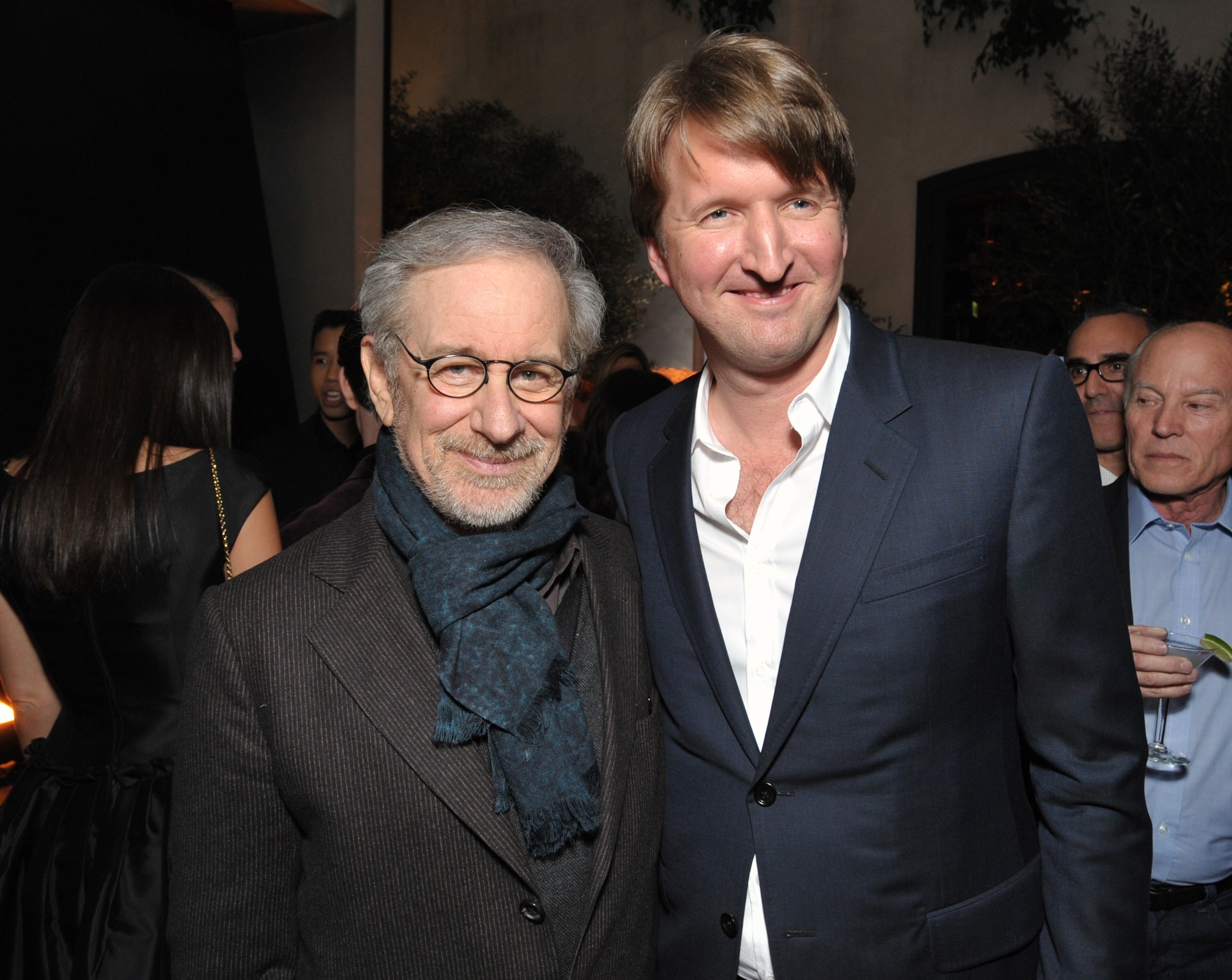 Steven Spielberg, left, a Best Director nominee for "Lincoln" and Tom Hooper, director of "Les Miserables," attend The Hollywood Reporter Nominees' Night at Spago on Monday, Feb. 4, 2013, in Beverly Hills, Calif.