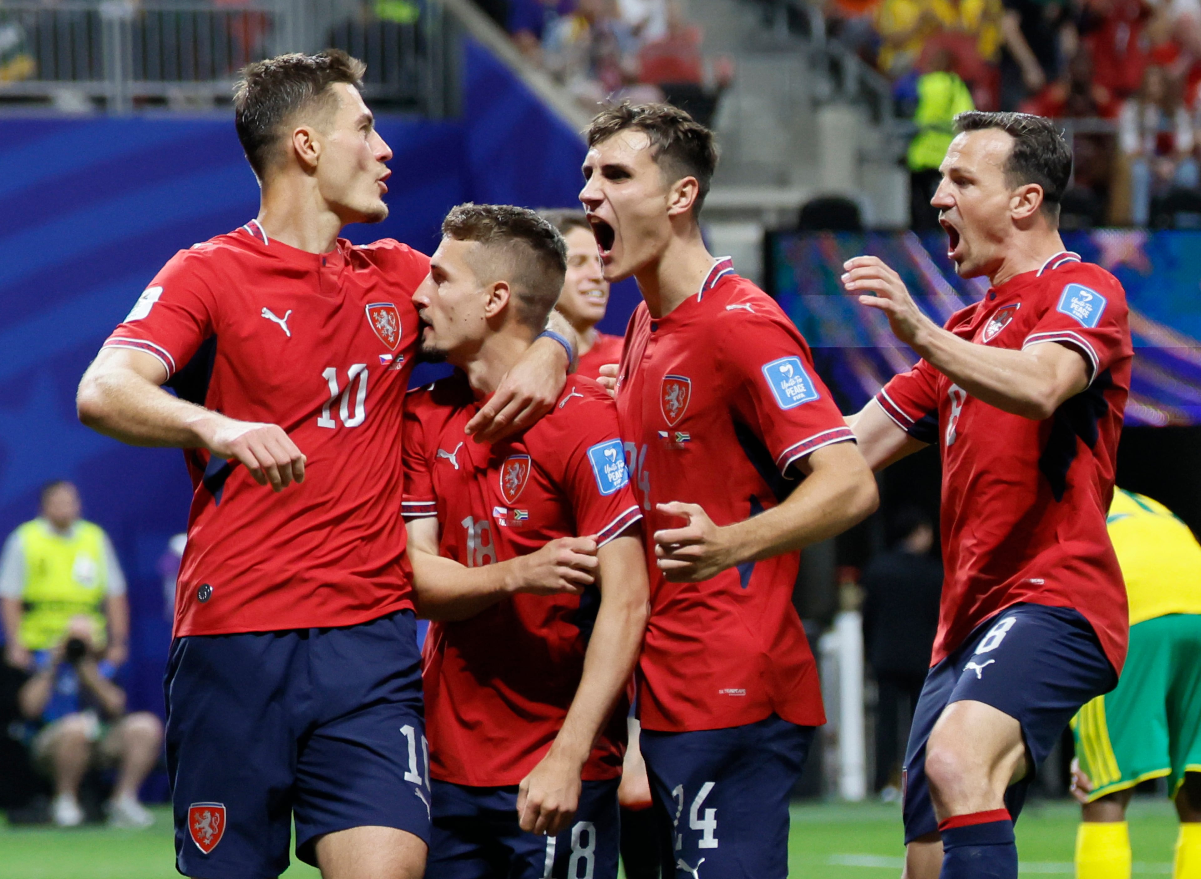 Czechia's Michal Sadilek (second from left) celebrates his goal during the first half of the Czechia vs. South Africa World Cup match at Atlanta Stadium on Thursday, June 18, 2026. (Miguel Martinez/AJC)