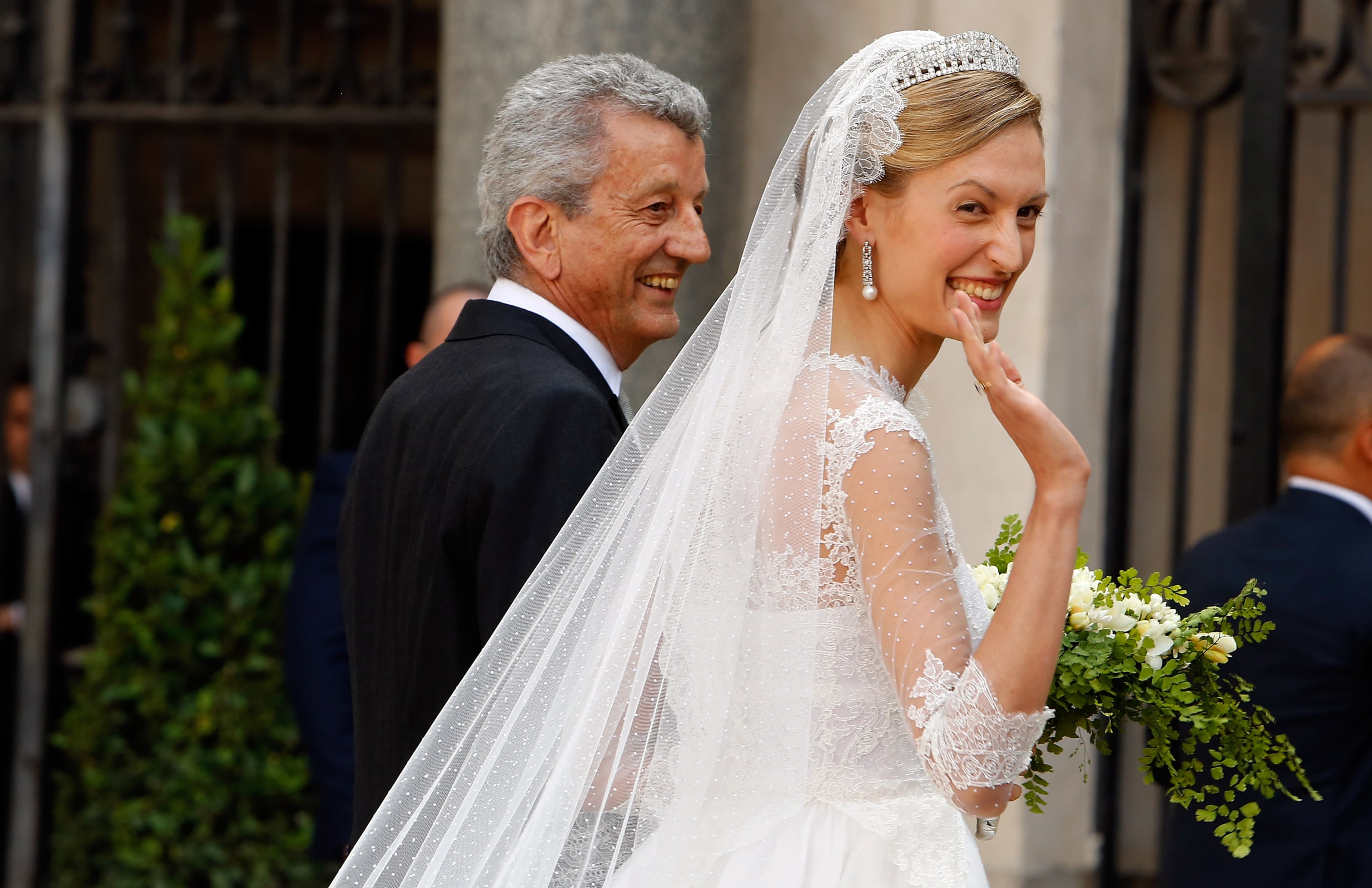 ROME, ITALY - JULY 05: Elisabetta Maria Rosboch von Wolkenstein with her father Ettore Rosboch von Wolkenstein arrives for her wedding to Prince Amedeo of Belgium at Basilica Santa Maria in Trastevere on July 5, 2014 in Rome, Italy. (Photo by Elisabetta Villa/Getty Images)