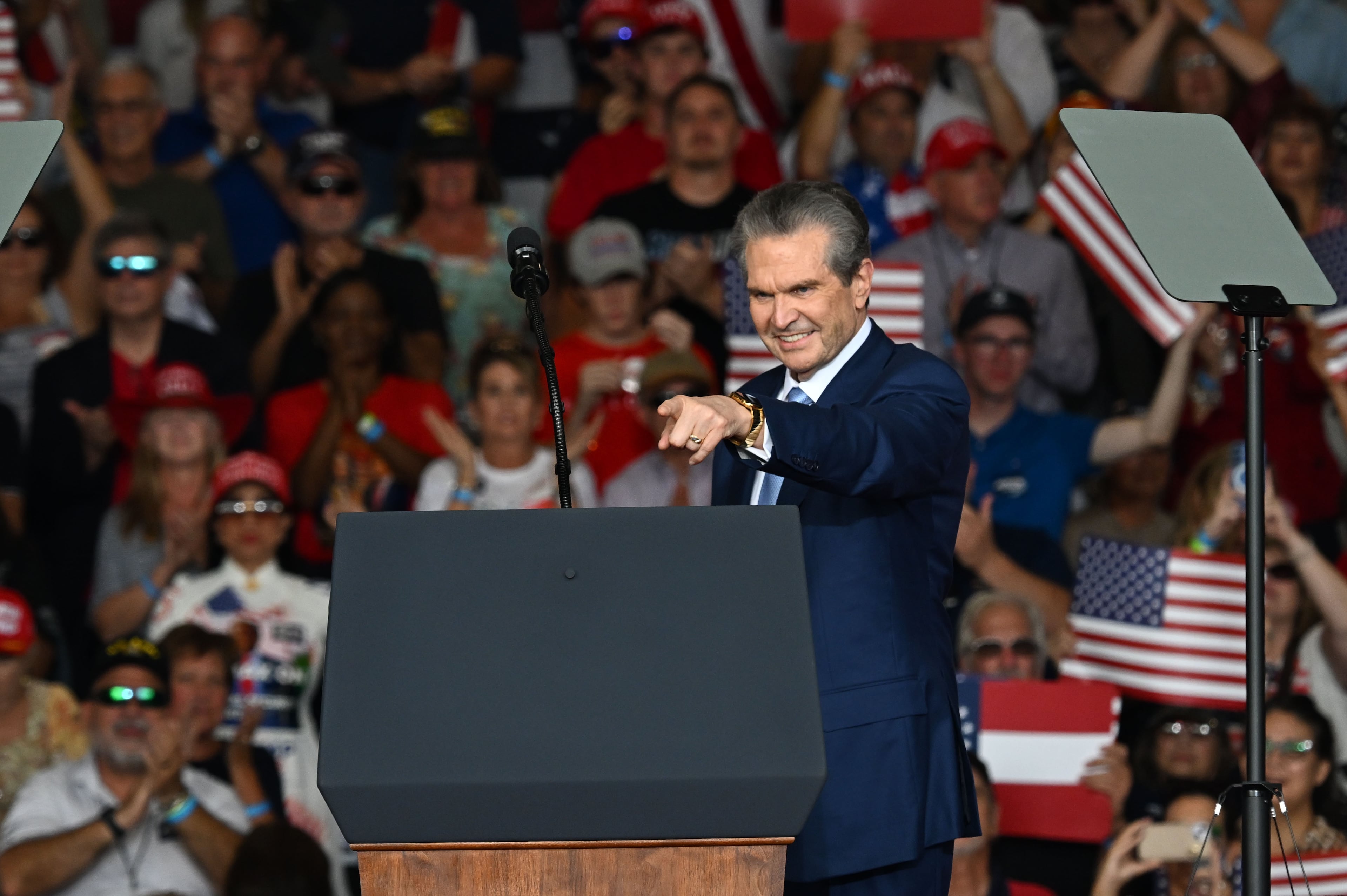 Georgia Republican governor nominee Rick Jackson takes the stage to speak during a campaign rally at Dalton Municipal Airport on Friday, Oct. 16, 2026, in Dalton. (Hyosub Shin/AJC)