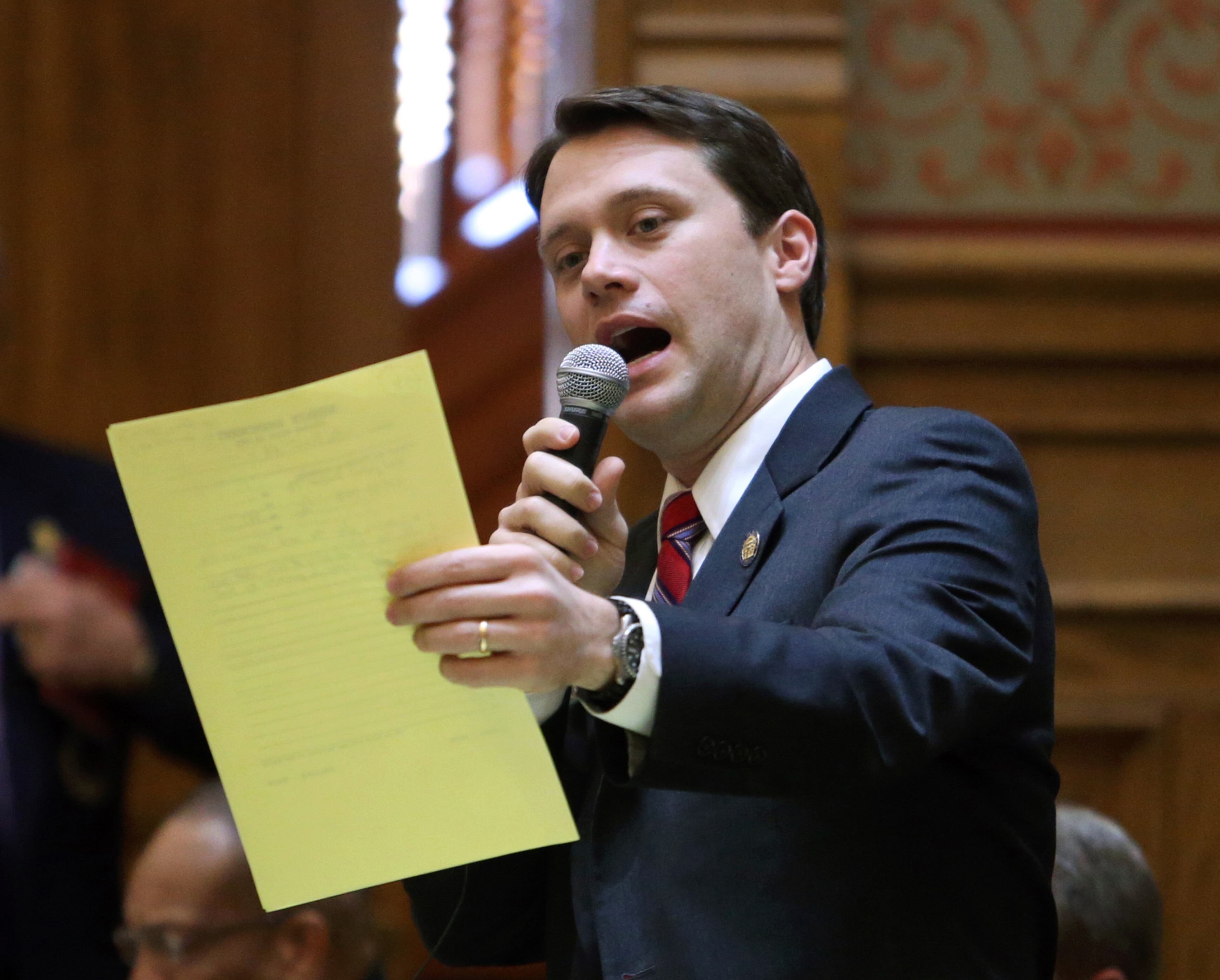 Sen. Jason Carter, D-Decatur, asks a question about House Bill 487 during Legislative Day 34 in the Senate Chambers at the State Capitol on March 14, 2013.