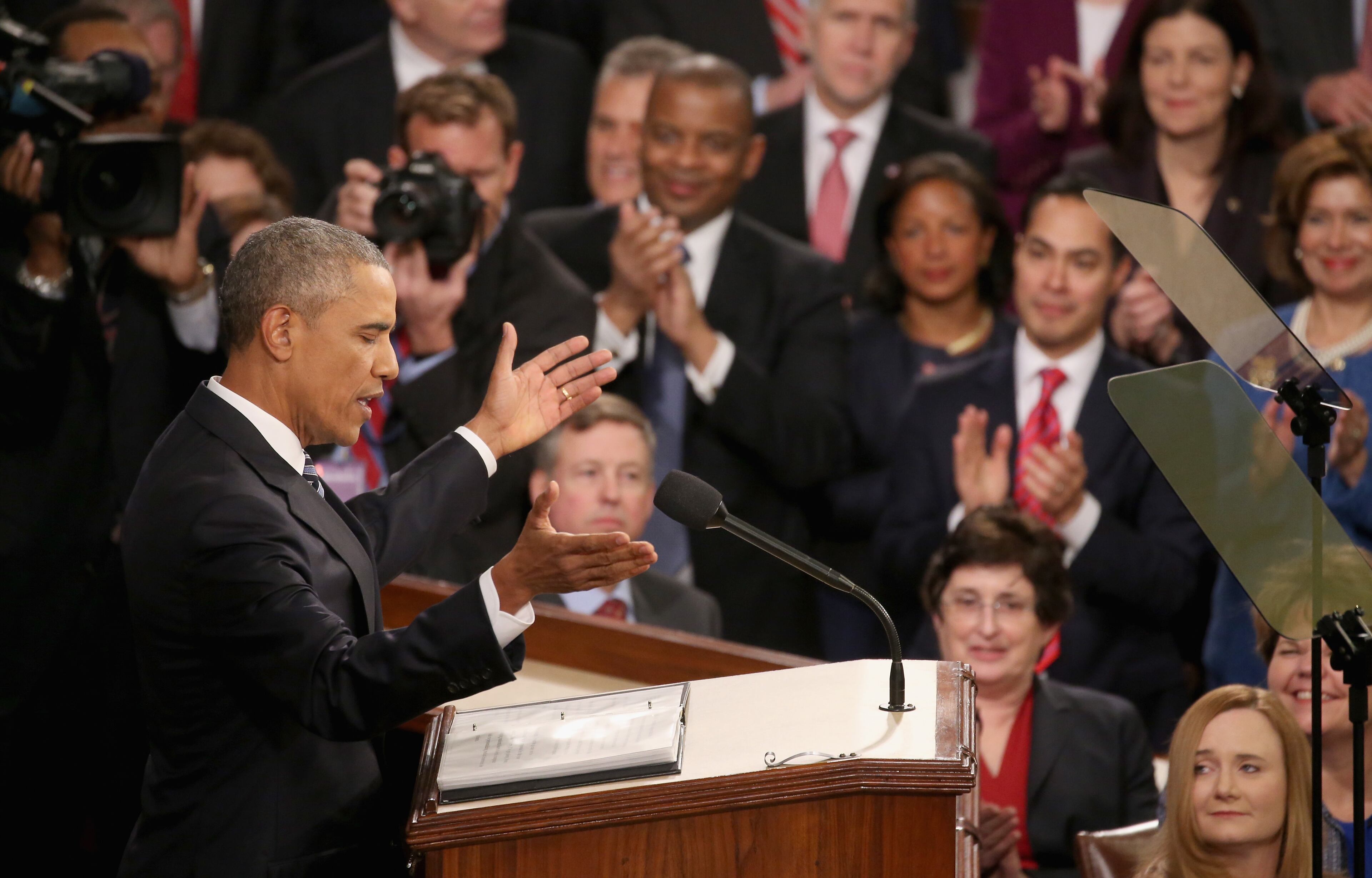 President Barack Obama acknowledges applause before delivering the State of the Union speech before members of Congress in the House chamber of the U.S. Capitol January 12, 2016 in Washington, DC. In his last State of the Union, President Obama reflected on the past seven years in office and spoke on topics including climate change, gun control, immigration and income inequality. (Photo by Mark Wilson/Getty Images)