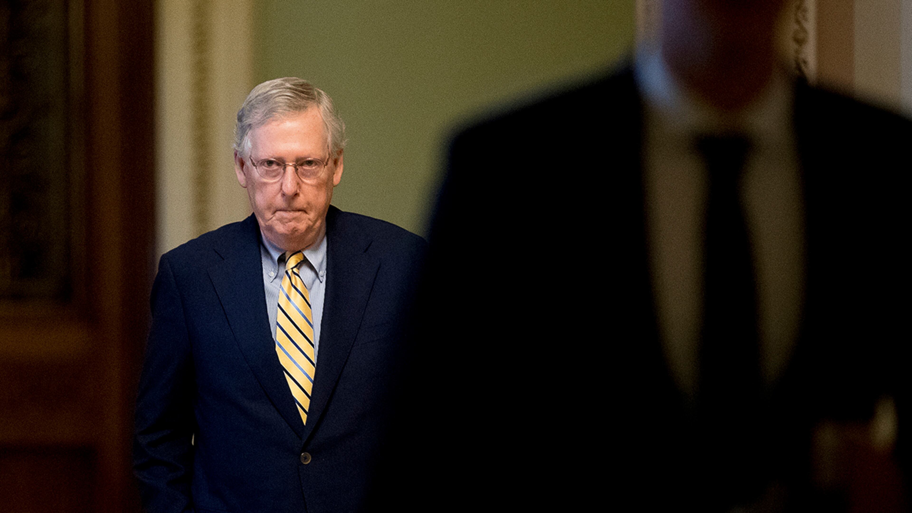 Senate Majority Leader Mitch McConnell of Ky. arrives on Capitol Hill in Washington, Monday, July 17, 2017. The Senate has been forced to put the republican's health care bill on hold for as much as two weeks until Sen. John McCain, R-Ariz., can return from surgery. (AP Photo/Andrew Harnik)