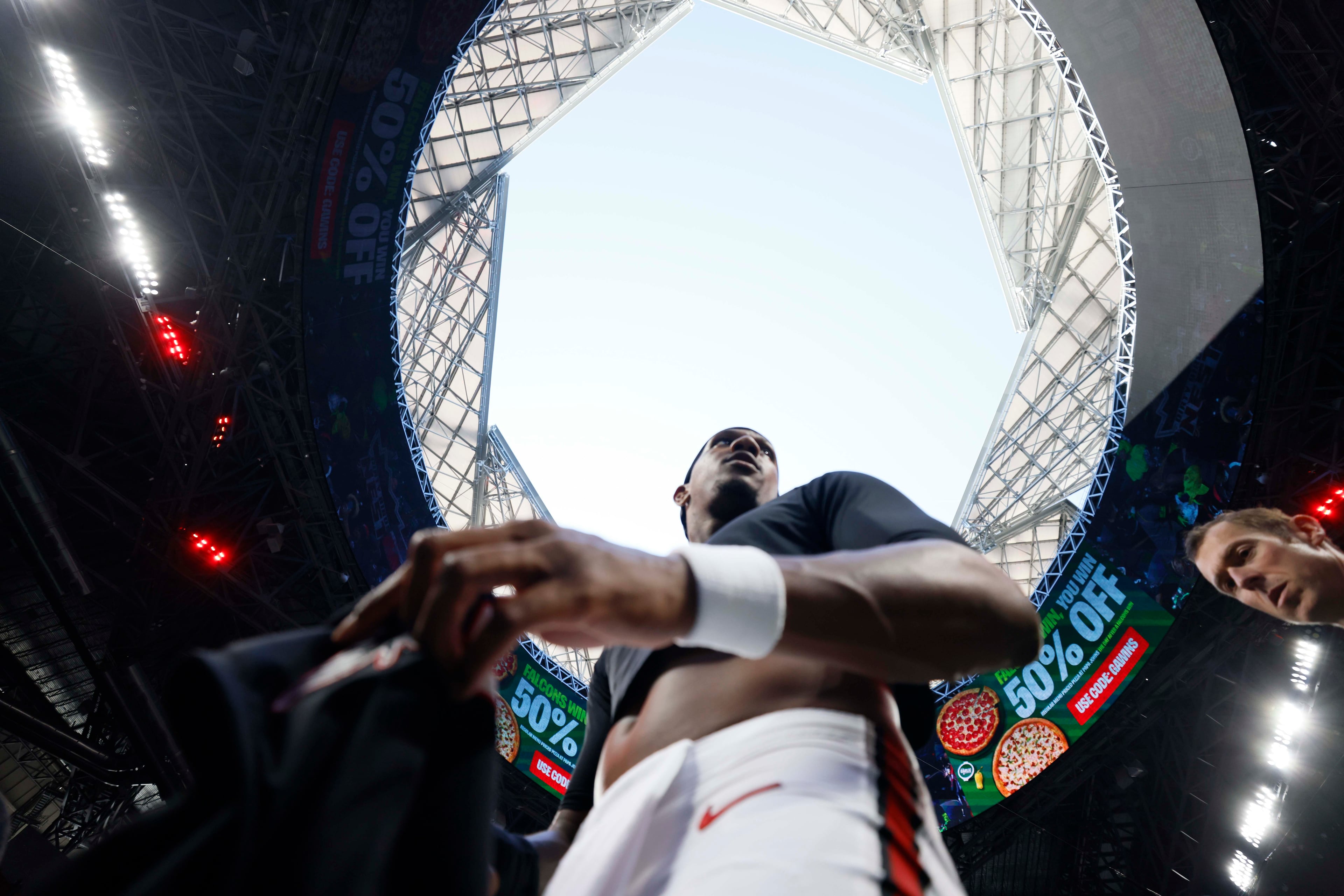 Atlanta Falcons quarterback Michael Penix Jr. (9) is seen holding his jersey after his team's 29-20 win over the San Francisco 49ers at Mercedes-Benz Stadium in Atlanta, GA, on Sunday, Oct. 25, 2026.
(Miguel Martinez/AJC)