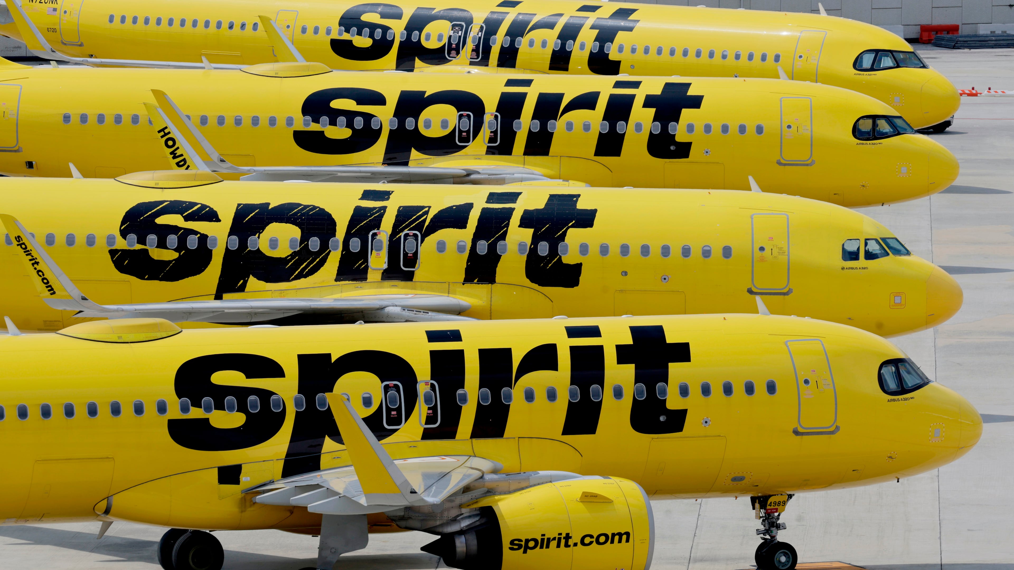 Spirit Airlines planes are grounded at Fort Lauderdale-Hollywood International Airport after flights were cancelled on Saturday, May 2, 2026. (Mike Stocker/South Florida Sun-Sentinel via AP)