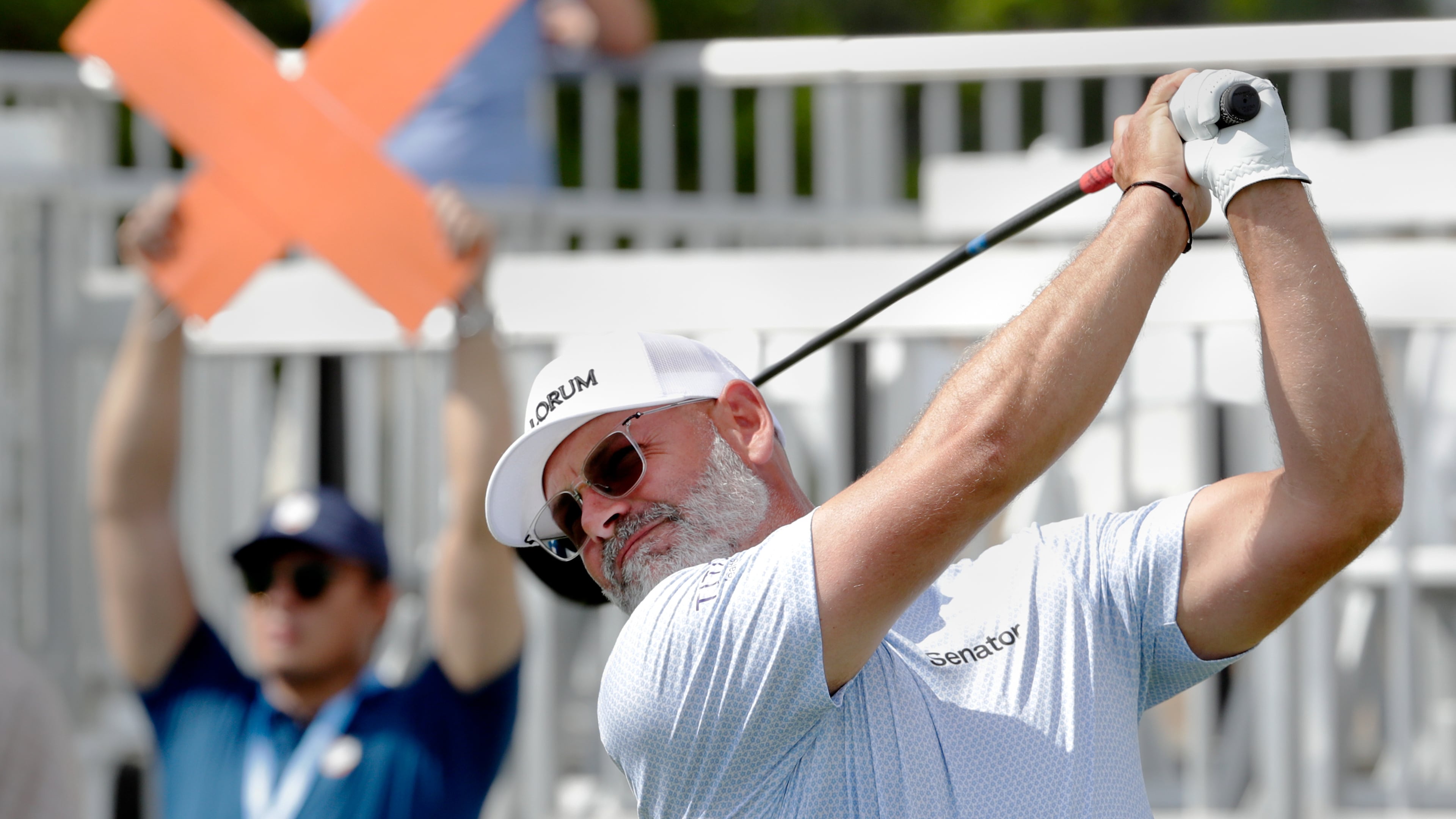 Paul Waring tees off on the 18th hole during the first round of the Texas Children's Houston Open golf tournament Thursday, March 26, 2026, in Houston. (AP Photo/Michael Wyke)