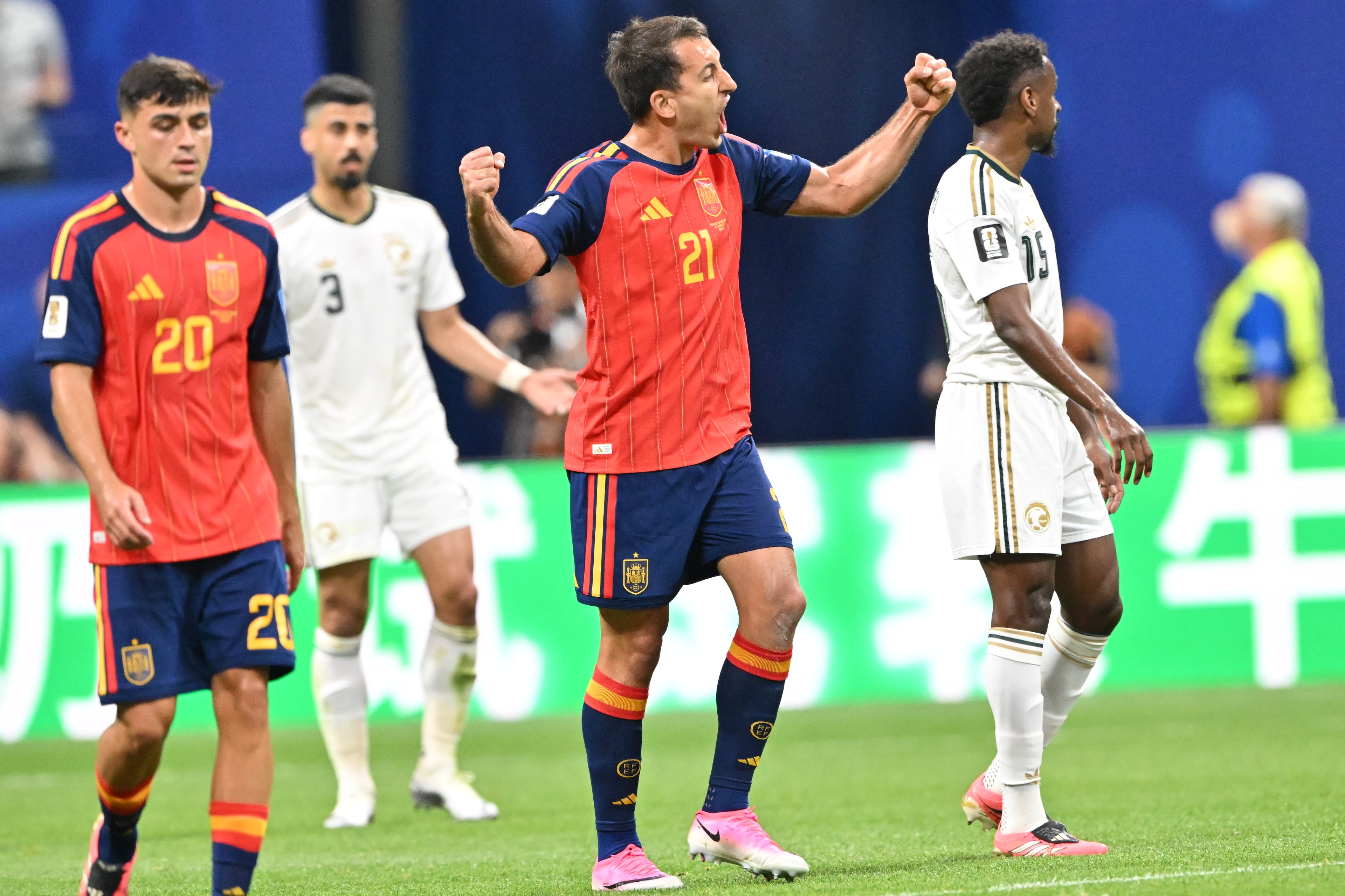 Spain's Mikel Oyarzabal celebrates his first goal during the first half of the Spain vs. Saudi Arabia World Cup match Sunday, June 21, 2026, at Atlanta Stadium. (Hyosub Shin/AJC)