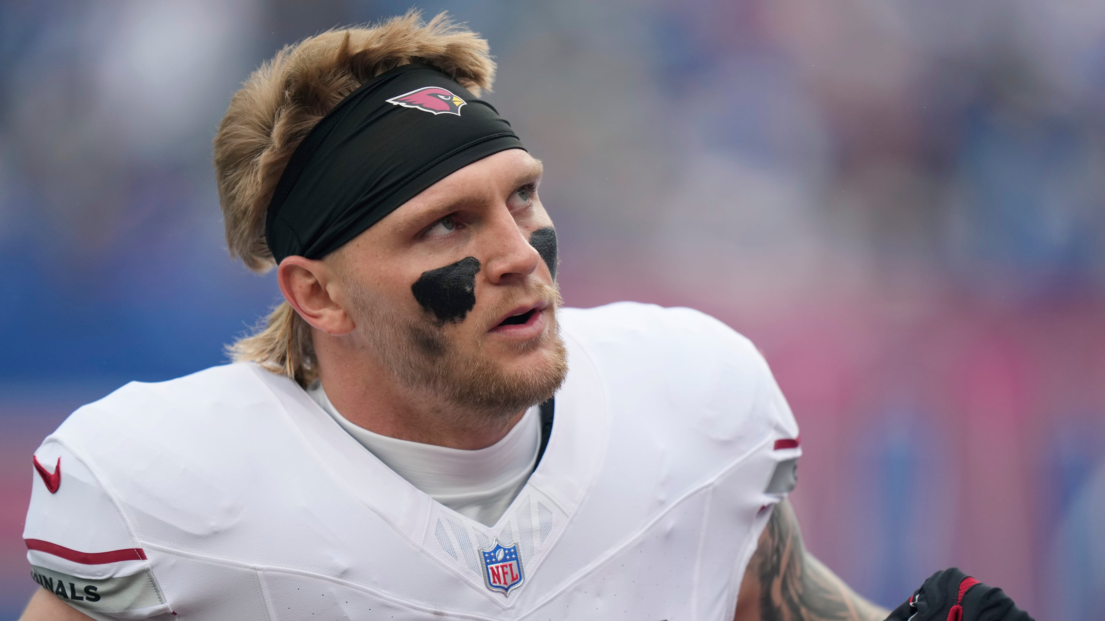Arizona Cardinals tight end Trey McBride pauses on the field during an NFL football game against the New York Giants, in East Rutherford, N.J., Sunday, Oct. 4, 2026. (AP Photo/Seth Wenig)