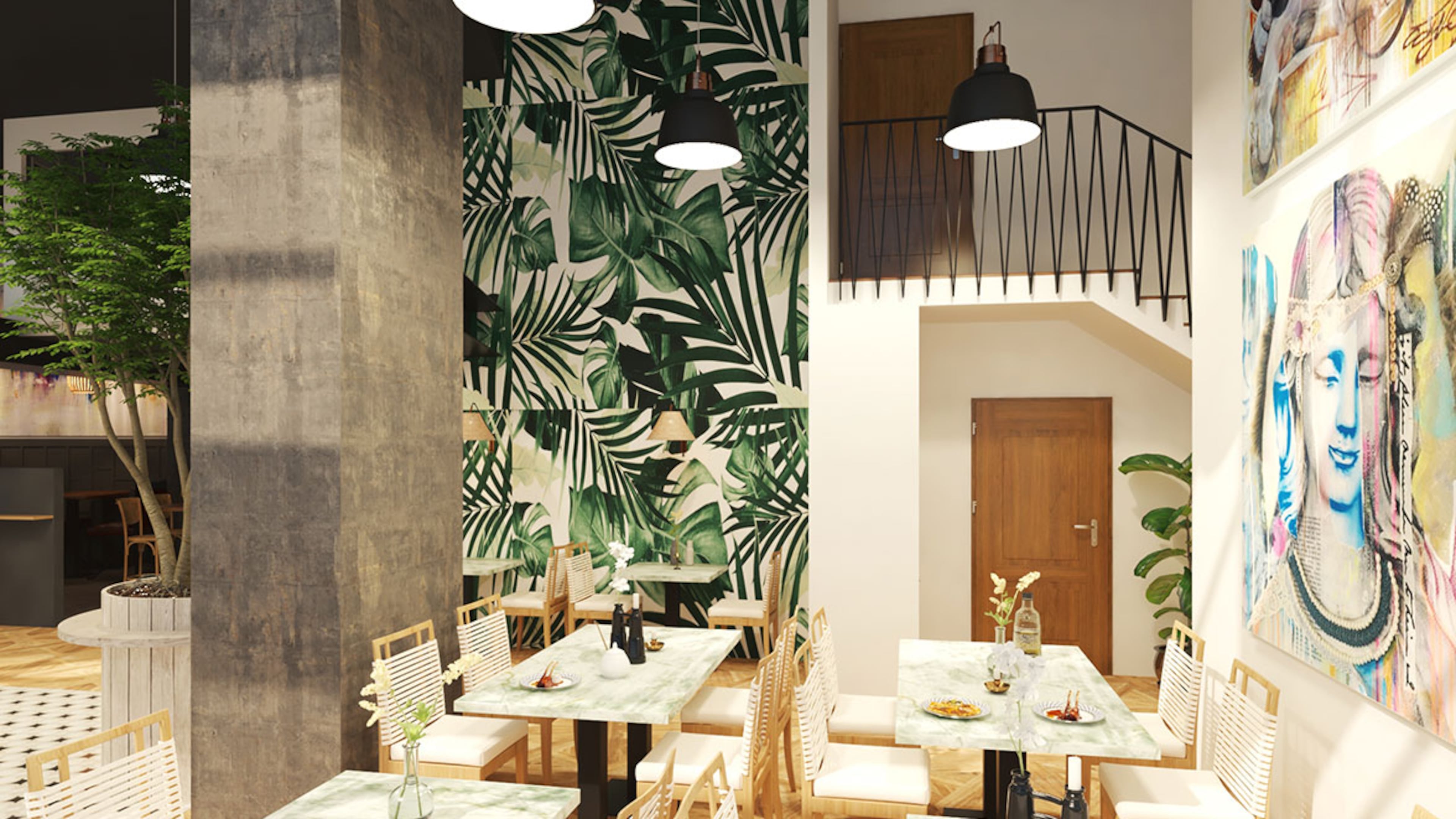 A rendering of the interior of Buena Vida restaurant.