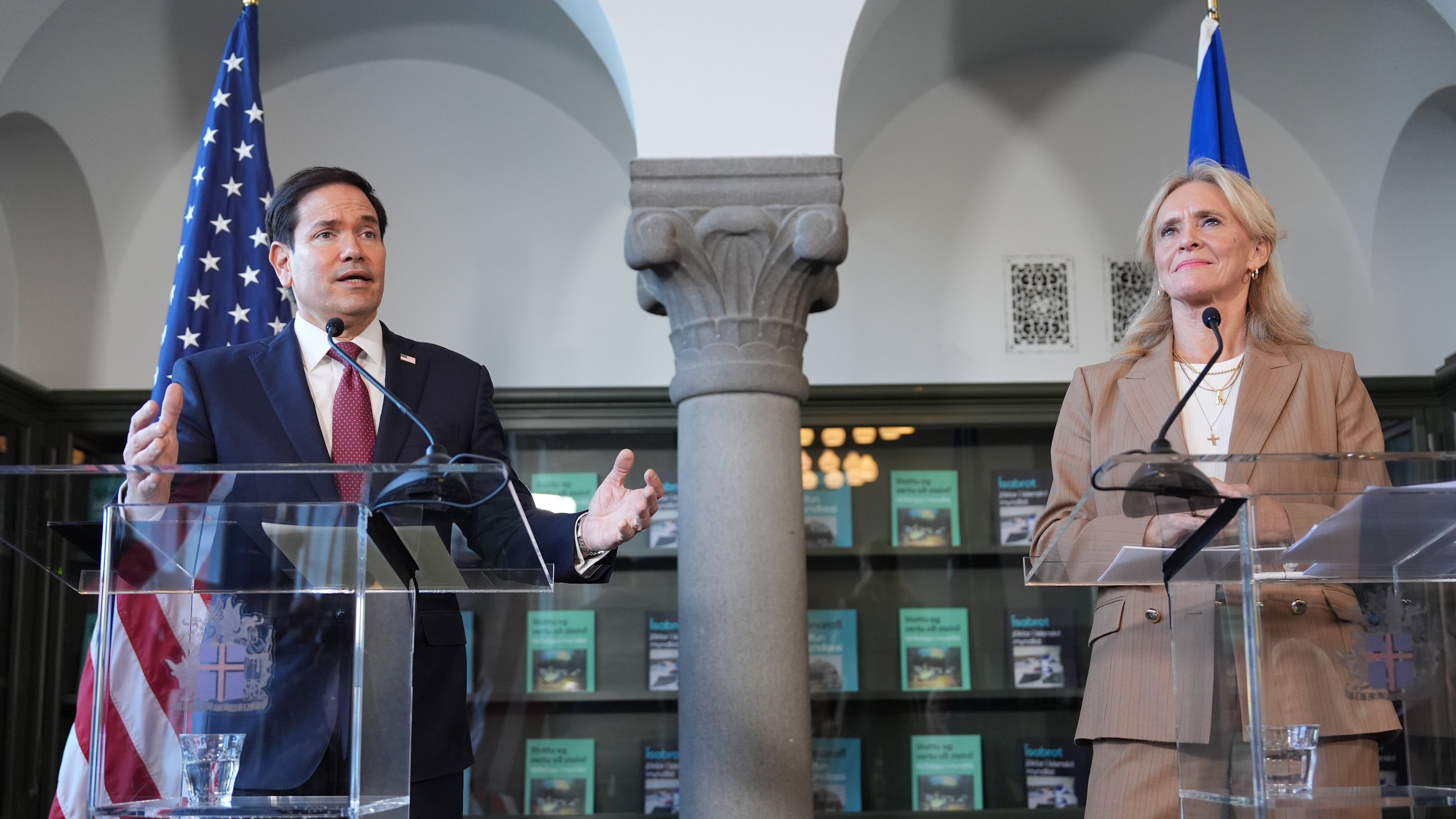 U.S. Secretary of State Marco Rubio speaks during a press conference with Iceland's Foreign Minister Thorgerour Katrín Gunnarsdottir at the House of Collections, Tuesday, Oct. 6, 2026, in Reykjavik, Iceland. (AP Photo/Mark Schiefelbein, Pool)