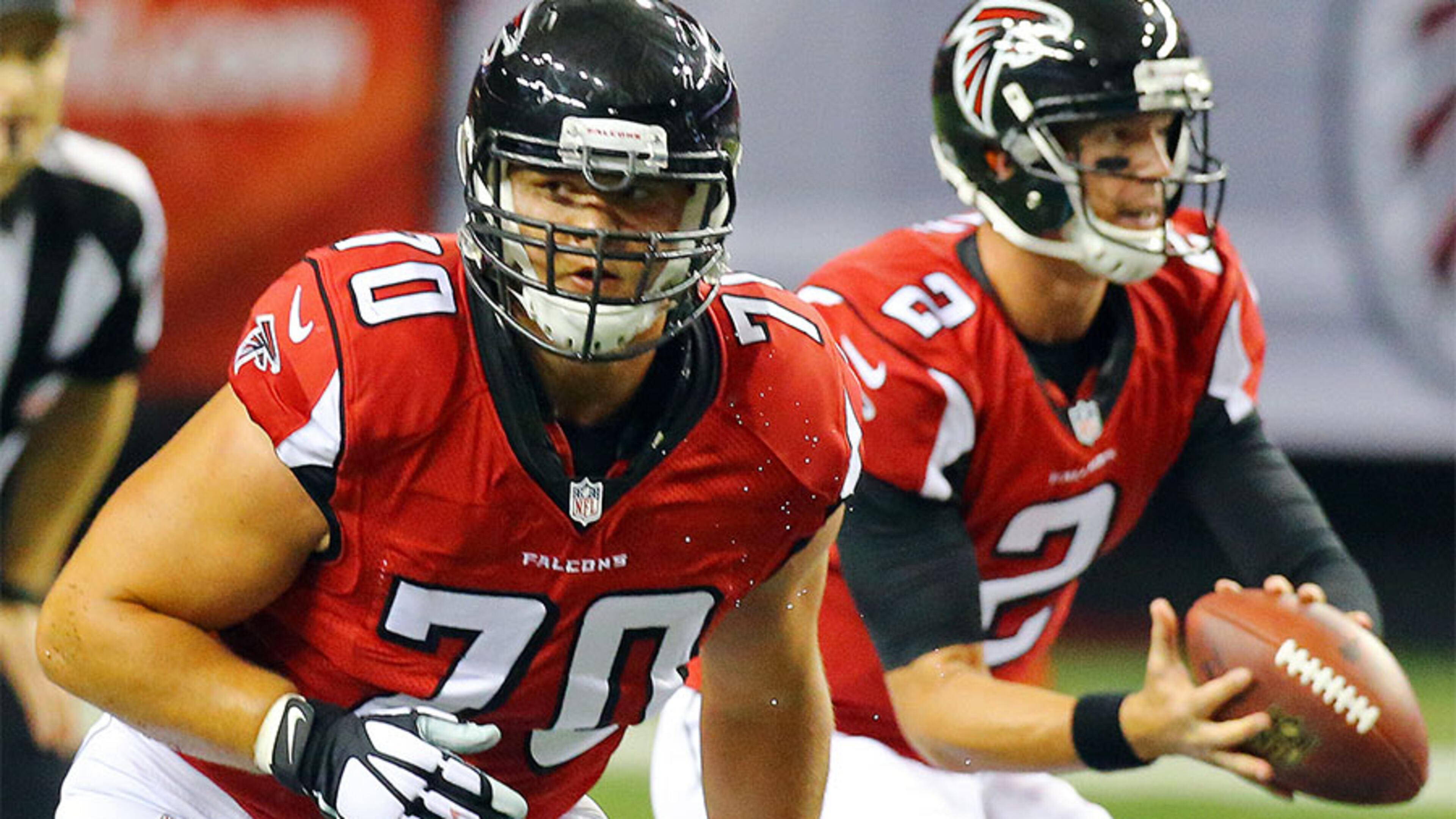 The stats say Falcons rookie tackle Jake Matthews has struggled, but the Falcons think he’s coming into his own. CURTIS COMPTON / CCOMPTON@AJC.COM