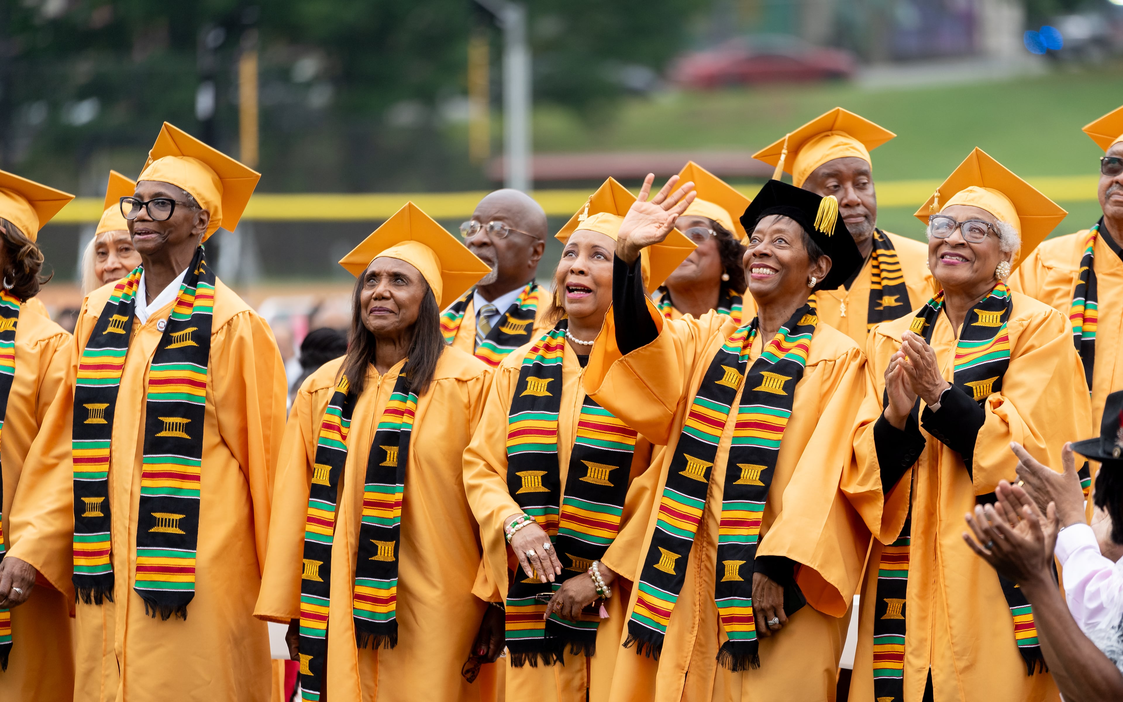 Golden Sons and Daughters of Clark Atlanta University, alumni who graduated more than 50 years ago, stand to be recognized at the school's 35th annual commencement convocation on Saturday, May 18, 2024. (Ben Hendren for The Atlanta Journal-Constitution)
