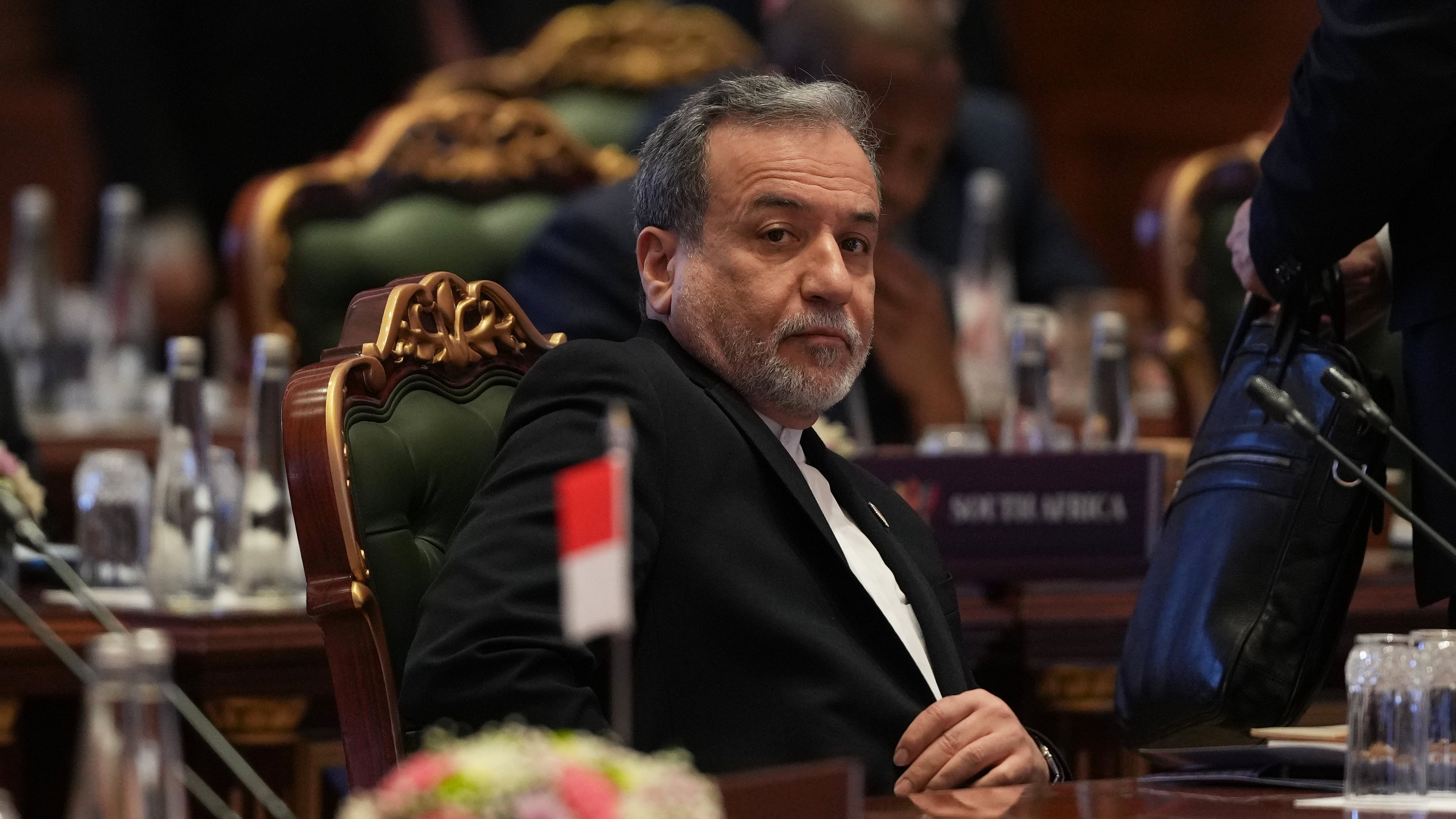Iranian Foreign Minister Abbas Araghchi participates in the BRICS Foreign Ministers meeting in New Delhi, India, Thursday, May 14, 2026. (AP Photo/Manish Swarup)