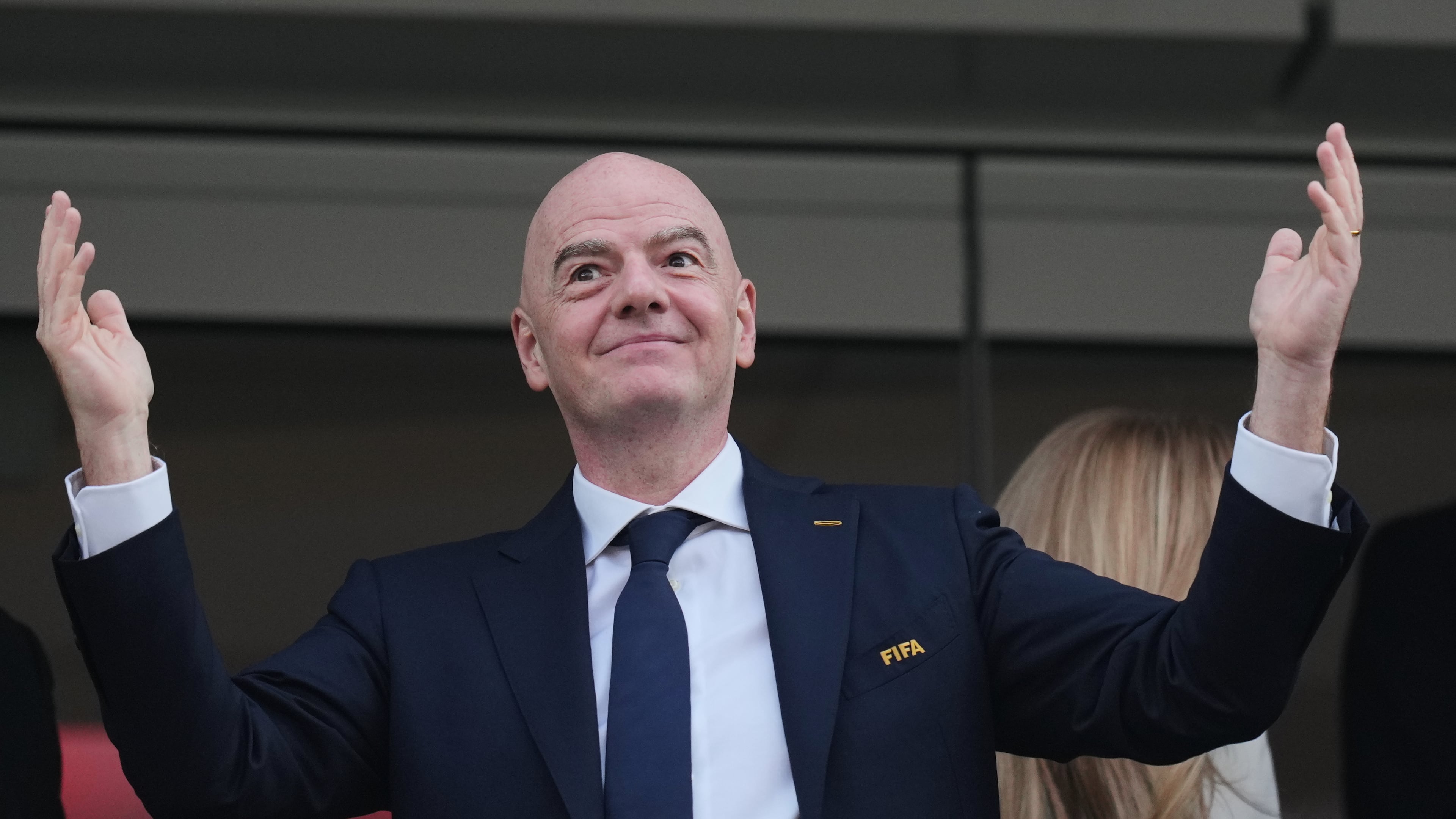 FIFA President Gianni Infantino attends the World Cup Group D soccer match between the United States and Paraguay in Inglewood, Calif., near Los Angeles, Friday, June 12, 2026. (AP Photo/Andre Penner)