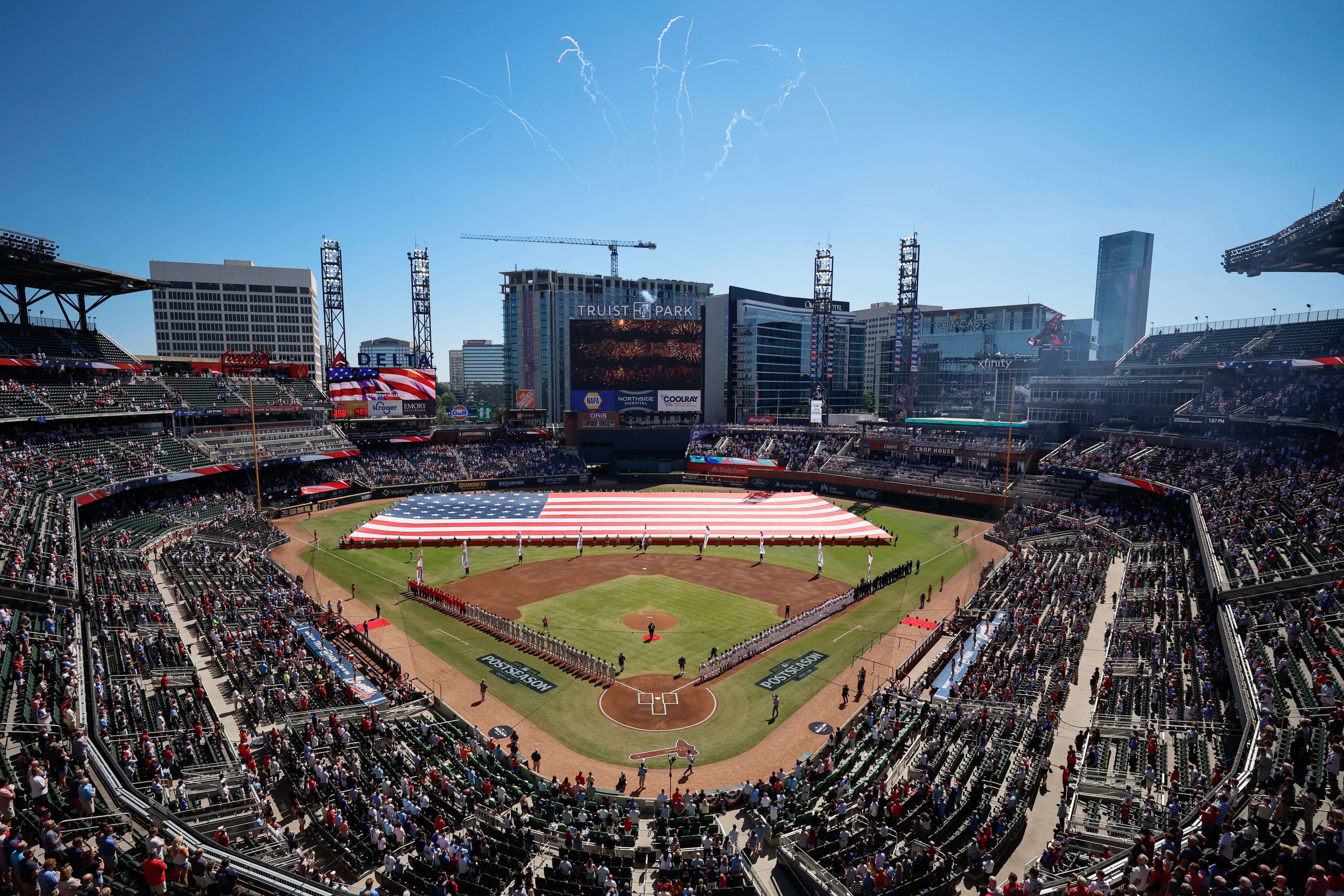 Pregame activities before Game 1 of a MLB National League Wild Card playoff series between the Atlanta Braves and the Philadelphia Phillies, Tuesday, Sept. 29, 2026, in Atlanta. (Miguel Martinez/AJC)