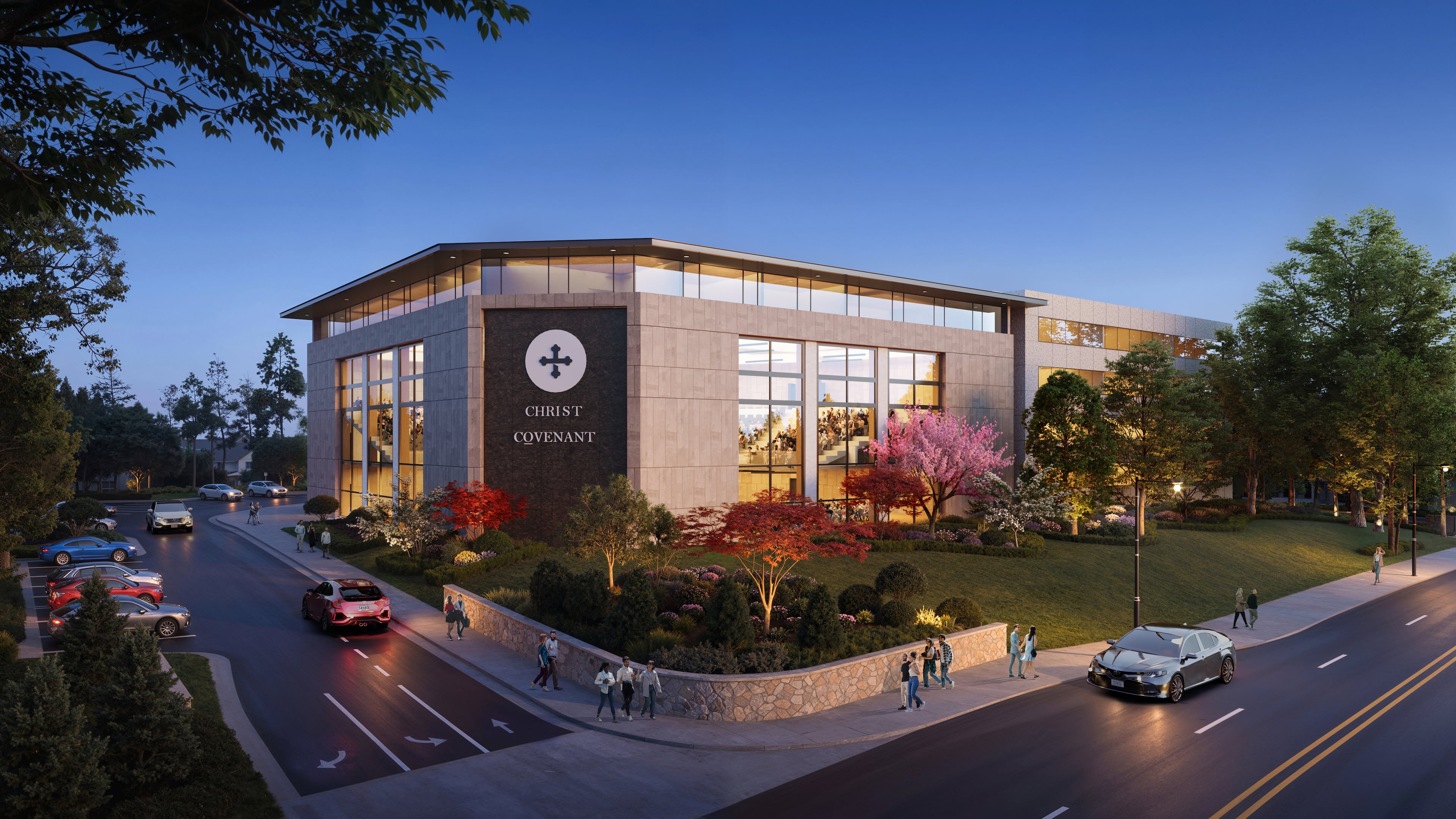 This is a rendering of the planned redevelopment of a Buckhead office building called Piedmont Place into a church sanctuary for Christ Covenant Church. Transwestern represented the church when it bought the office building in 2026. (Courtesy of Transwestern)