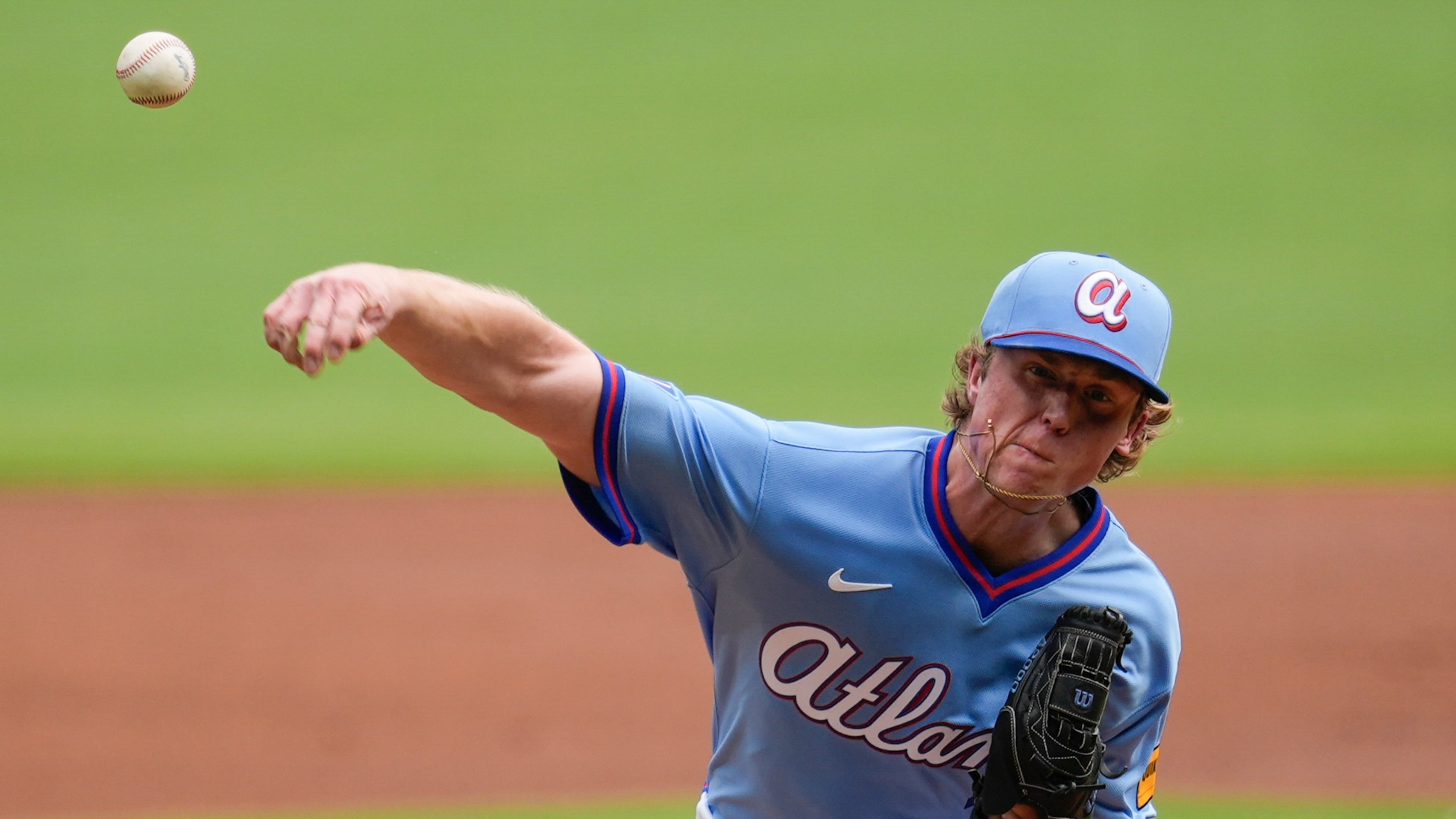 Atlanta Braves pitcher Owen Murphy delivers in the first inning of a baseball game against the Texas Rangers, Saturday, July 18, 2026, in Atlanta. (Mike Stewart/AP)
