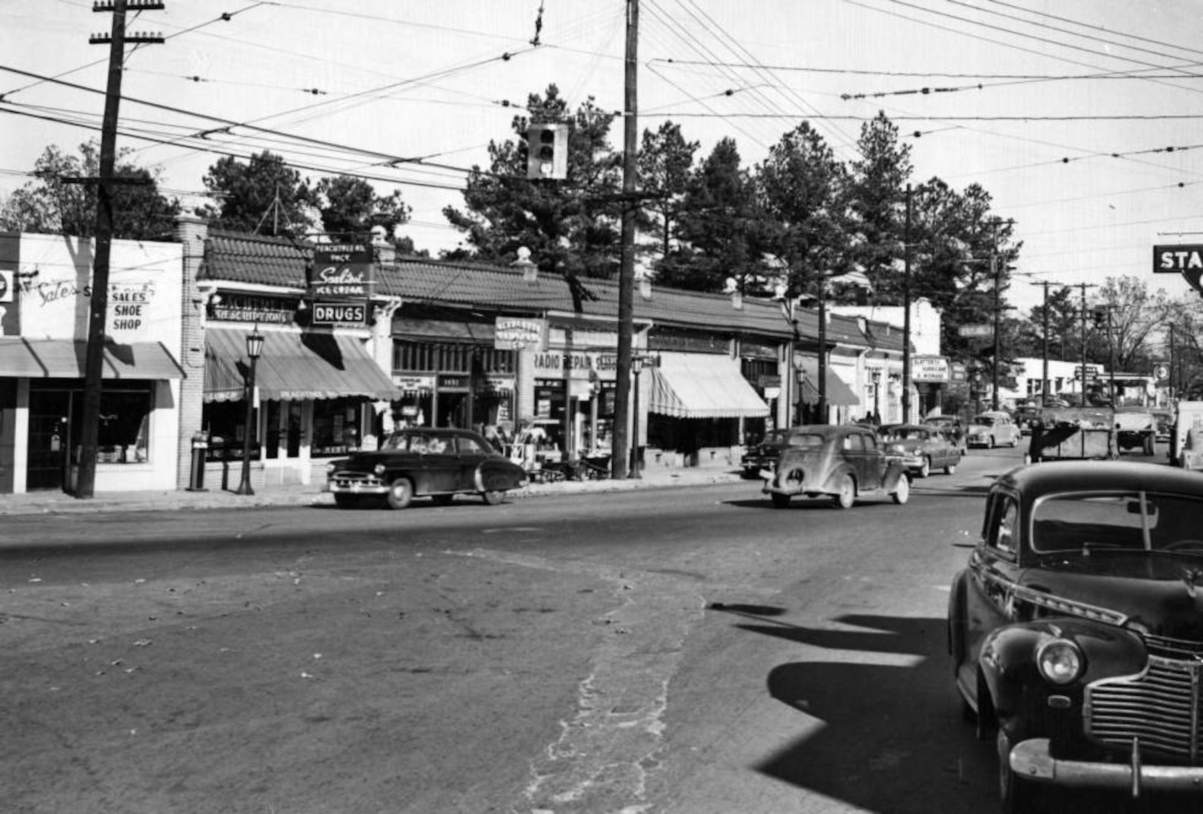 Shops in the commercial district of Brookhaven, 1949.