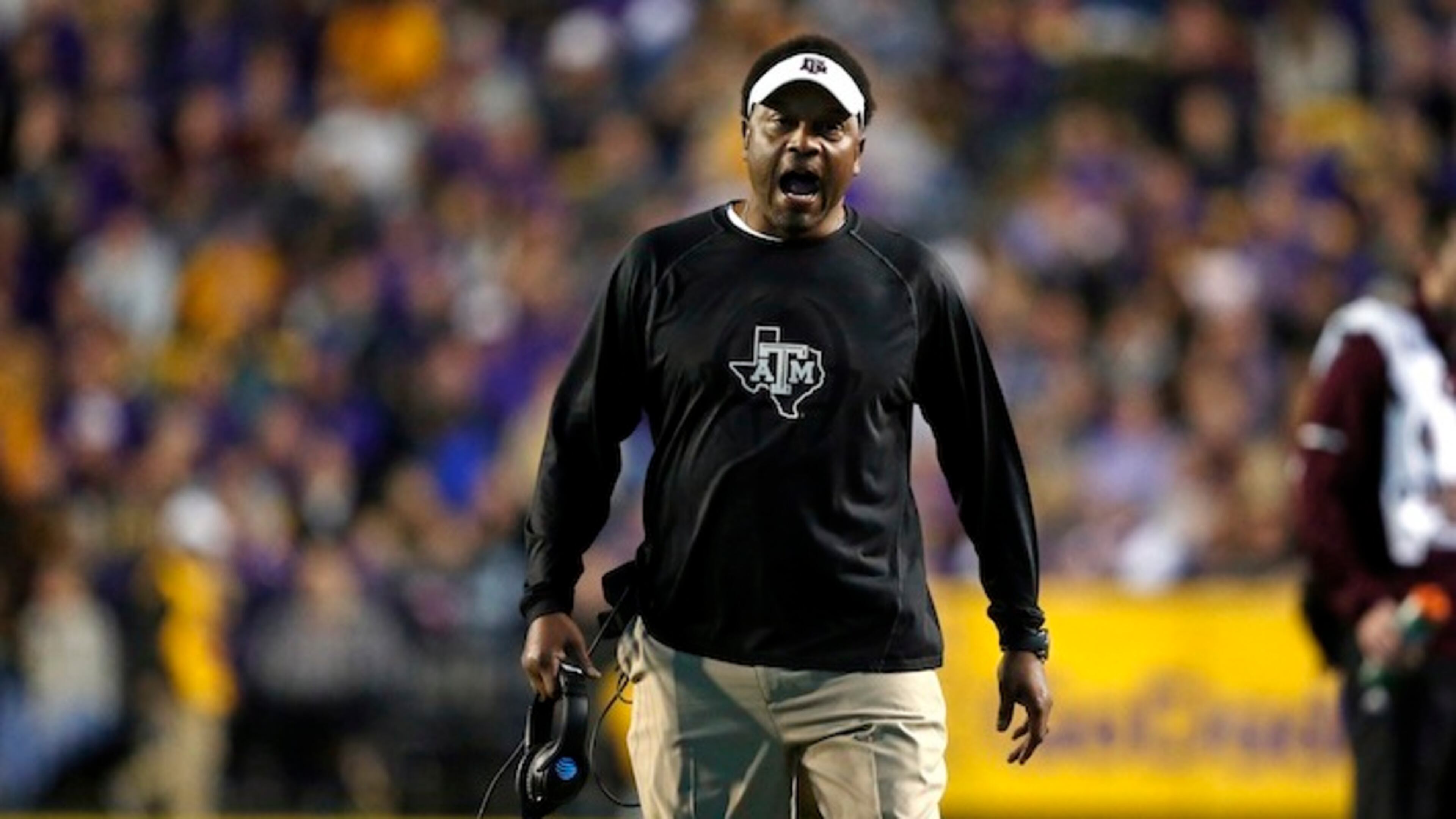 Texas A&M head coach Kevin Sumlin reacts on the sideline in the first half of an NCAA college football game against LSU in Baton Rouge, La., Saturday, Nov. 25, 2017. (AP Photo/Gerald Herbert)