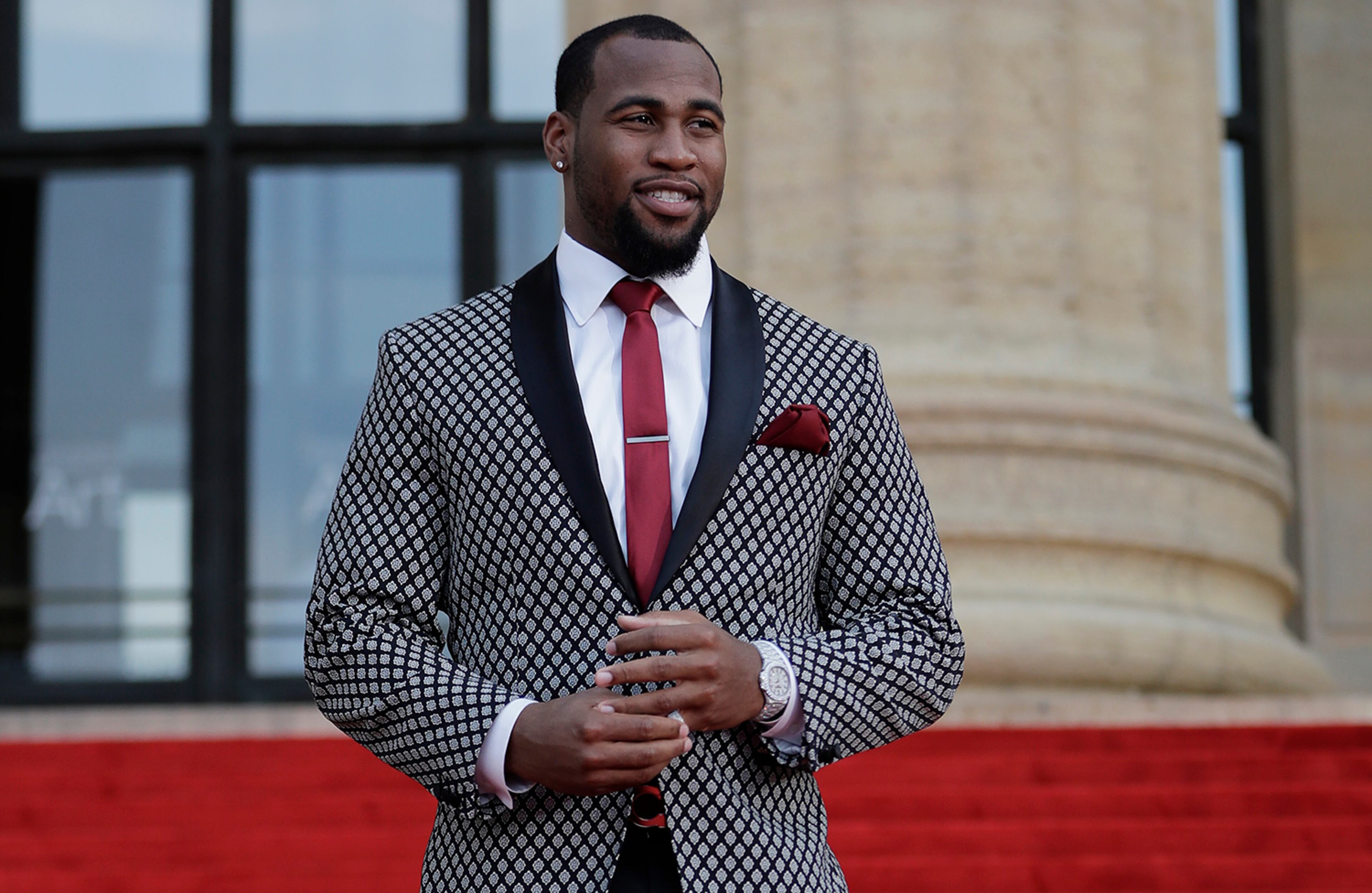 Temple's Haason Reddick arrives for the first round of the 2017 NFL football draft, Thursday, April 27, 2017, in Philadelphia. (AP Photo/Julio Cortez)