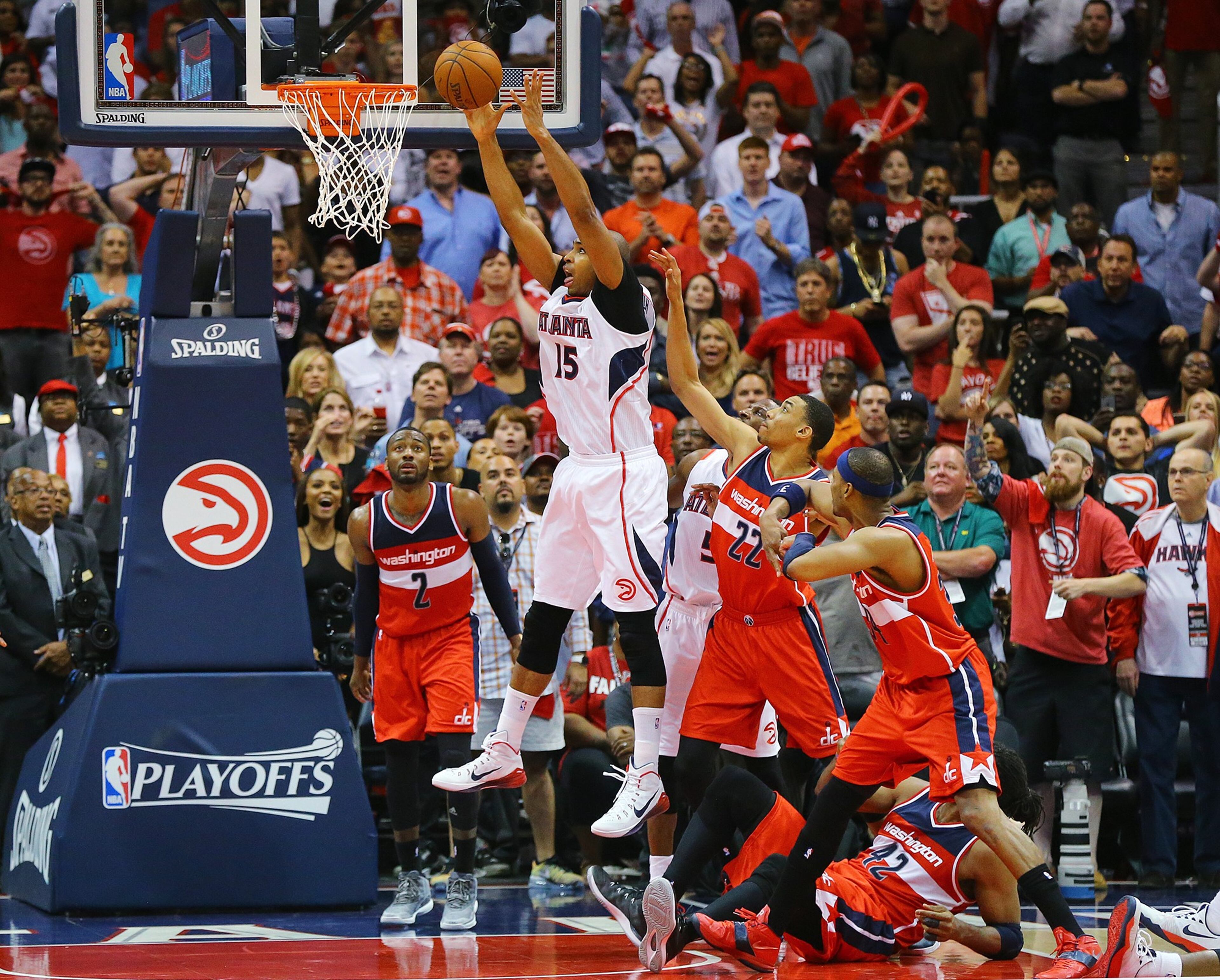 Hawks center Al Horford hits the game winning shot to beat the Wizards 82-81 in their Eastern Conference Semifinals game 5 on Tuesday, May 13, 2015, in Atlanta. Curtis Compton / ccompton@ajc.com