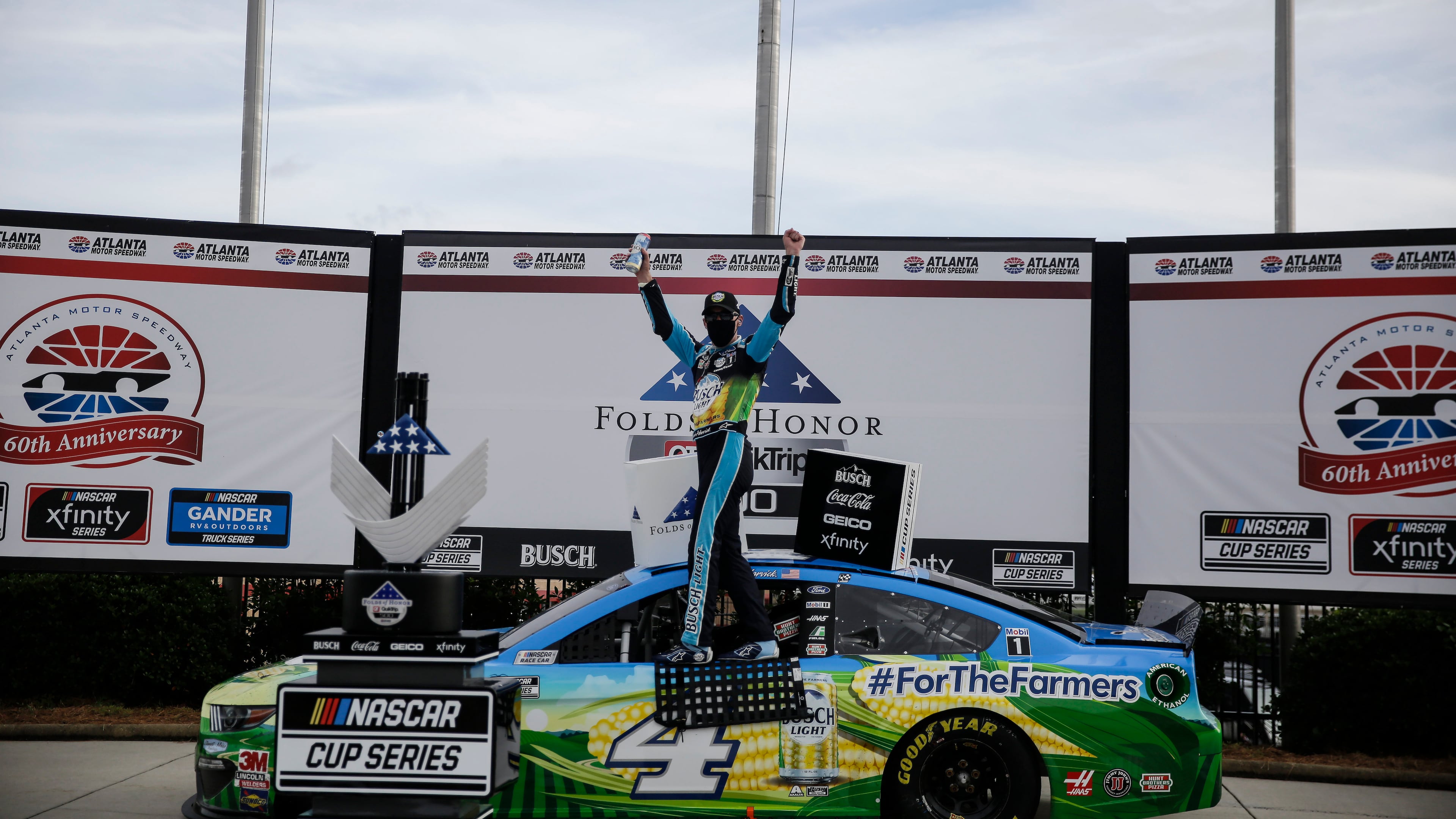 Kevin Harvick (4) celebrates after winning the Folds of Honor QuikTrip 500 - for the second time in three years- Sunday, June 7, 2020, at Atlanta Motor Speedway in Hampton, Ga.