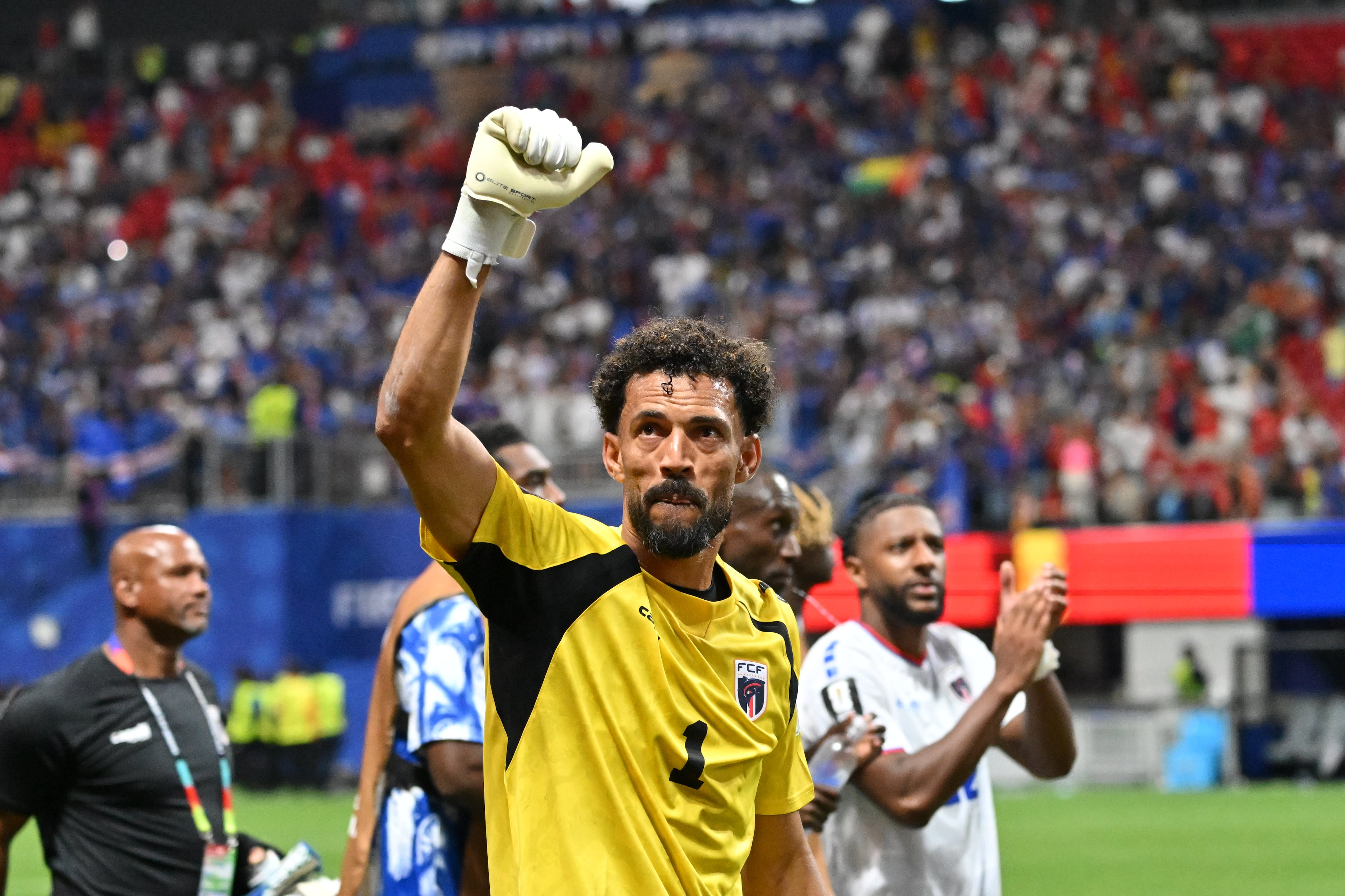 Cape Verde goalkeeper Vozinha (1) celebrates a 0-0 draw against Spain in Group H match at Atlanta Stadium (Mercedes-Benz Stadium) on Monday, June 15, 2026. (Hyosub Shin/AJC)
