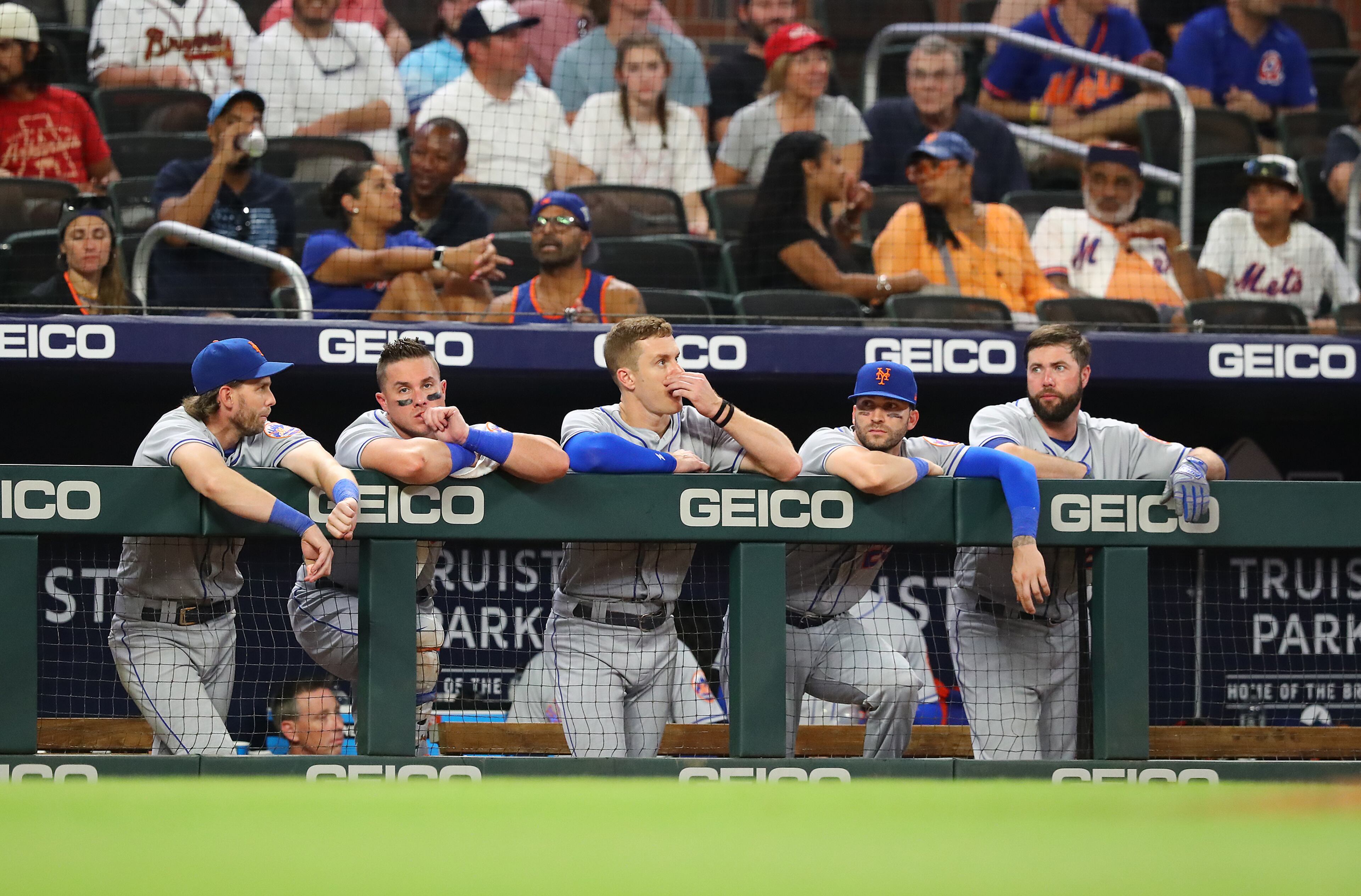 The New York Mets and some of their fans react with one out remaining in the game during the ninth inning falling for the second night in a row to the Atlanta Braves during a 5-0 shutout in a MLB baseball game on Tuesday, August 16, 2022, in Atlanta. “Curtis Compton / Curtis Compton@ajc.com